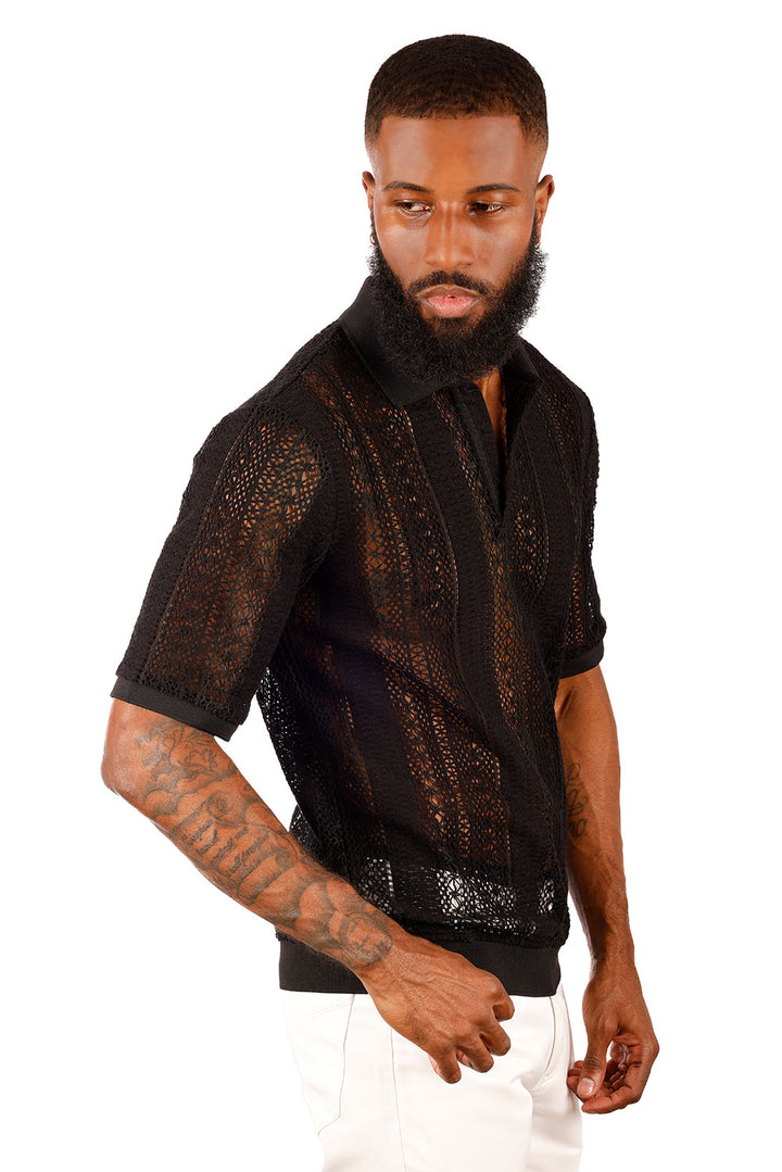 Barabas Men's Voven Crochet Geometric Stripped Polo Shirts 3P20 Black