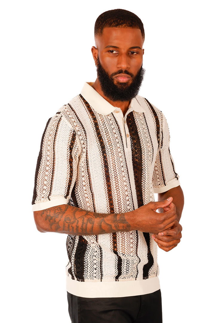 Barabas Men's Voven Crochet Geometric Stripped Polo Shirts 3P20 Black Khaki