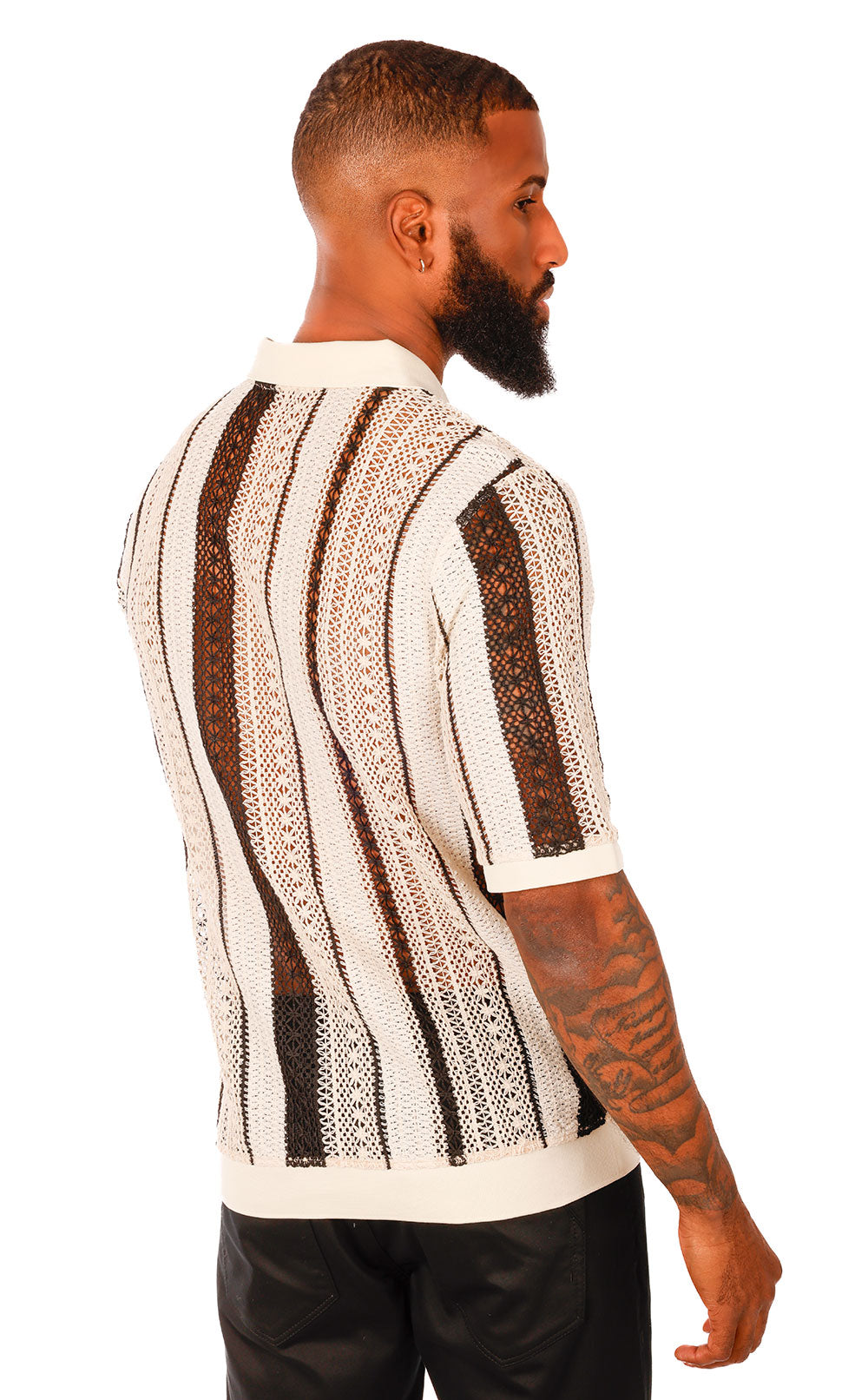 Barabas Men's Voven Crochet Geometric Stripped Polo Shirts 3P20 Black Khaki