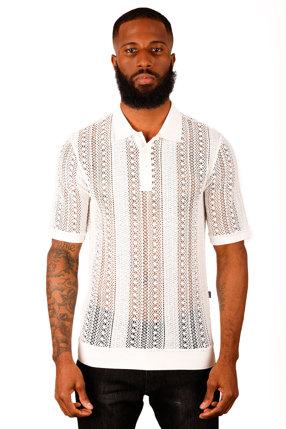 Barabas Men's Voven Crochet Geometric Stripped Polo Shirts 3P20 White