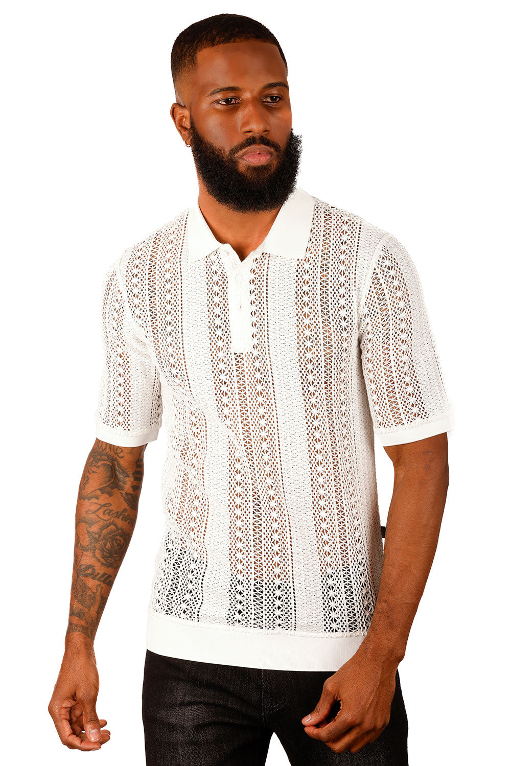 Barabas Men's Voven Crochet Geometric Stripped Polo Shirts 3P20 White