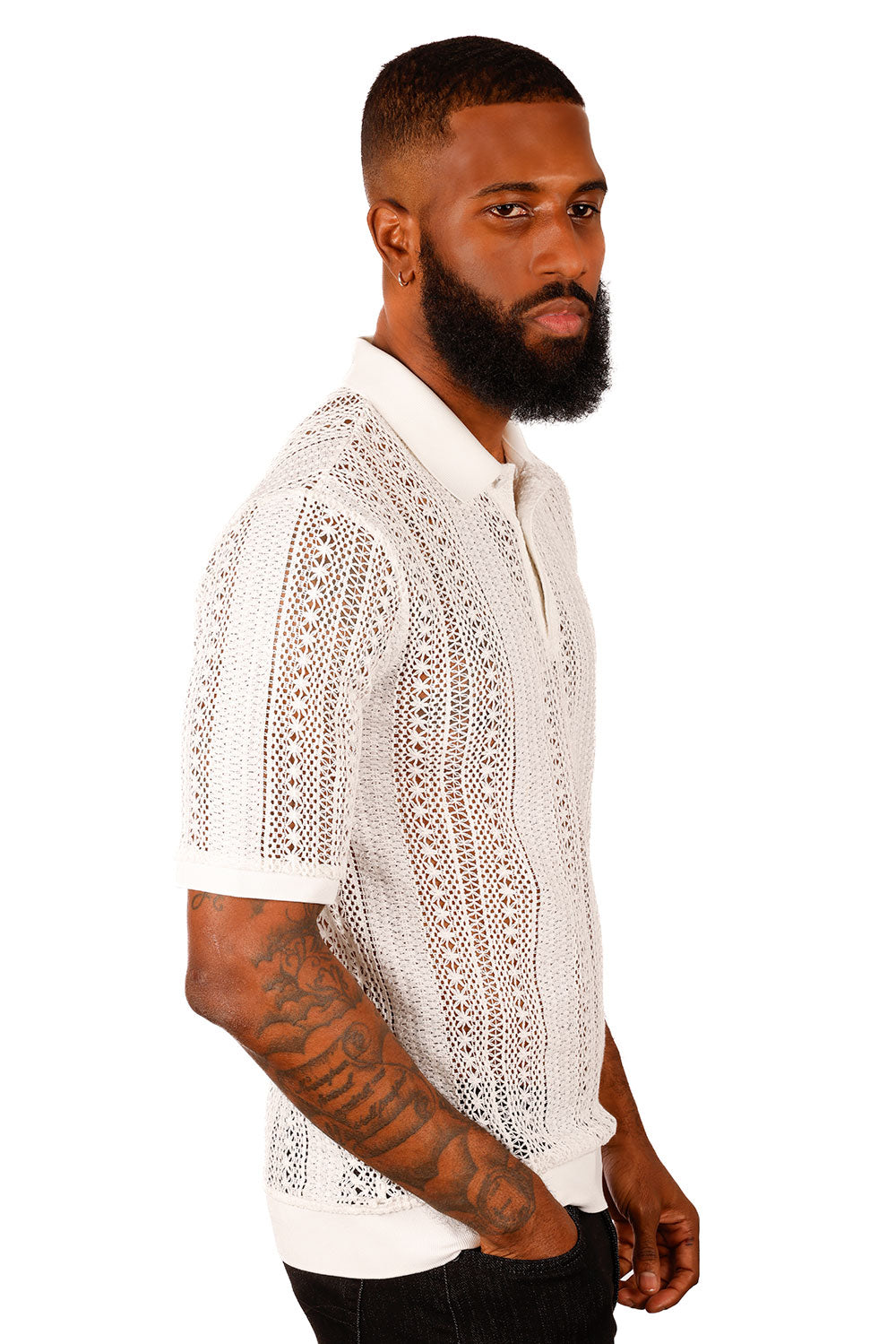 Barabas Men's Voven Crochet Geometric Stripped Polo Shirts 3P20 White