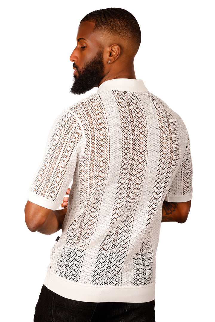 Barabas Men's Voven Crochet Geometric Stripped Polo Shirts 3P20 White