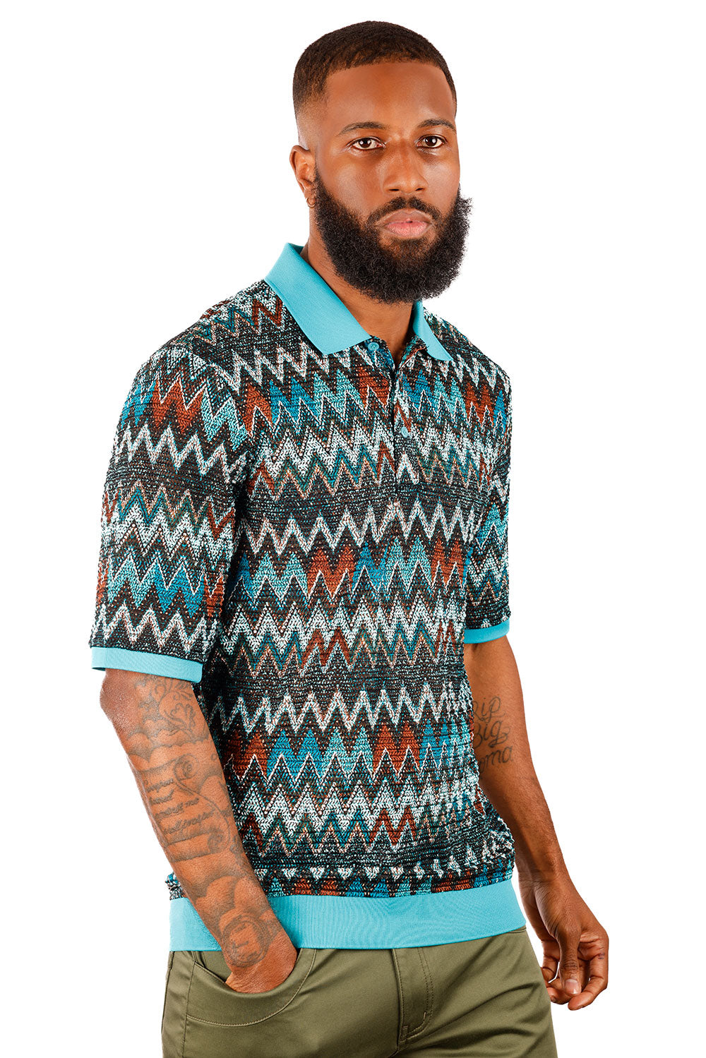 Barabas Men's Woven Crochet Zig Zag See Through Polo Shirts 3P21 Teal Blue