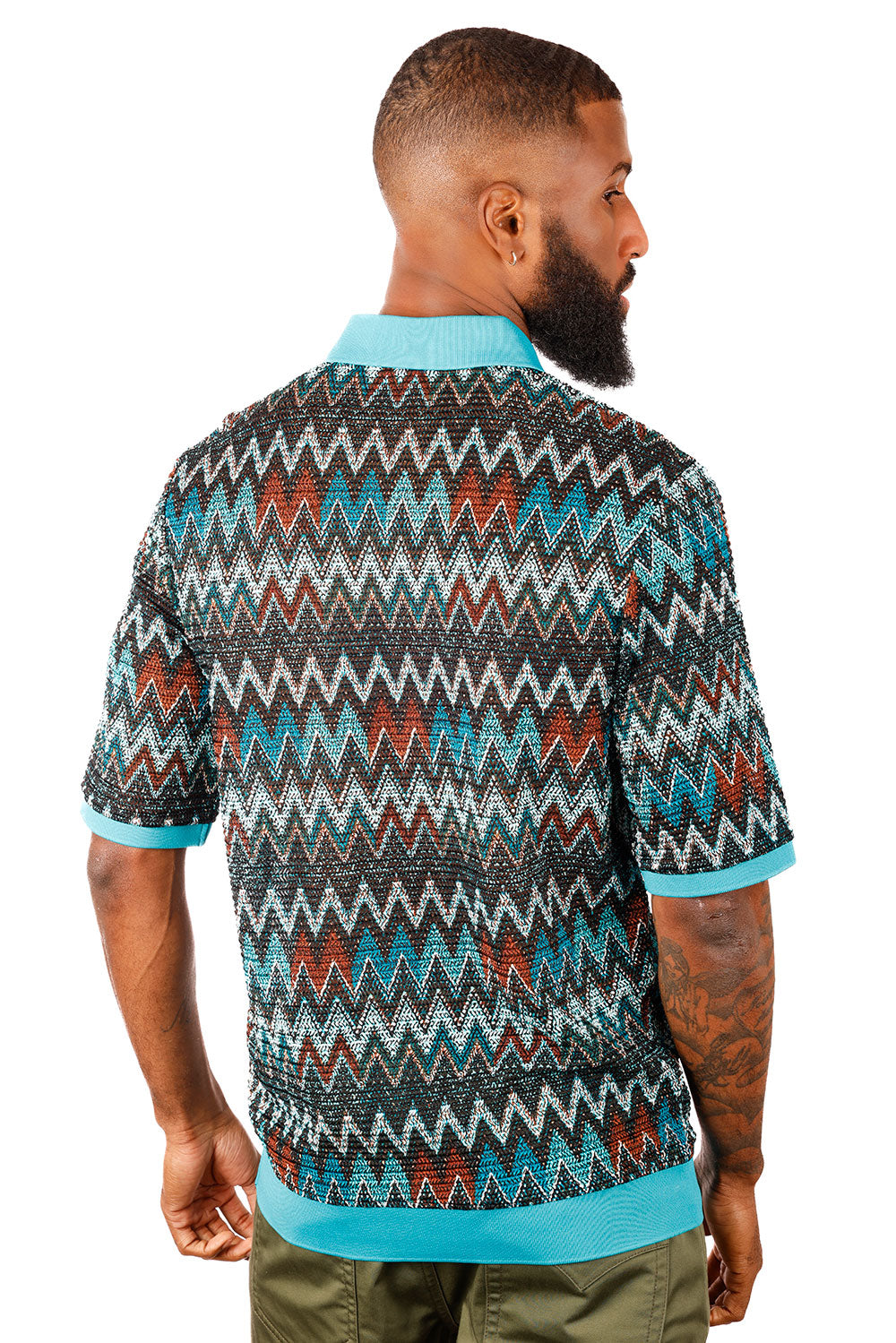 Barabas Men's Woven Crochet Zig Zag See Through Polo Shirts 3P21 Teal Blue