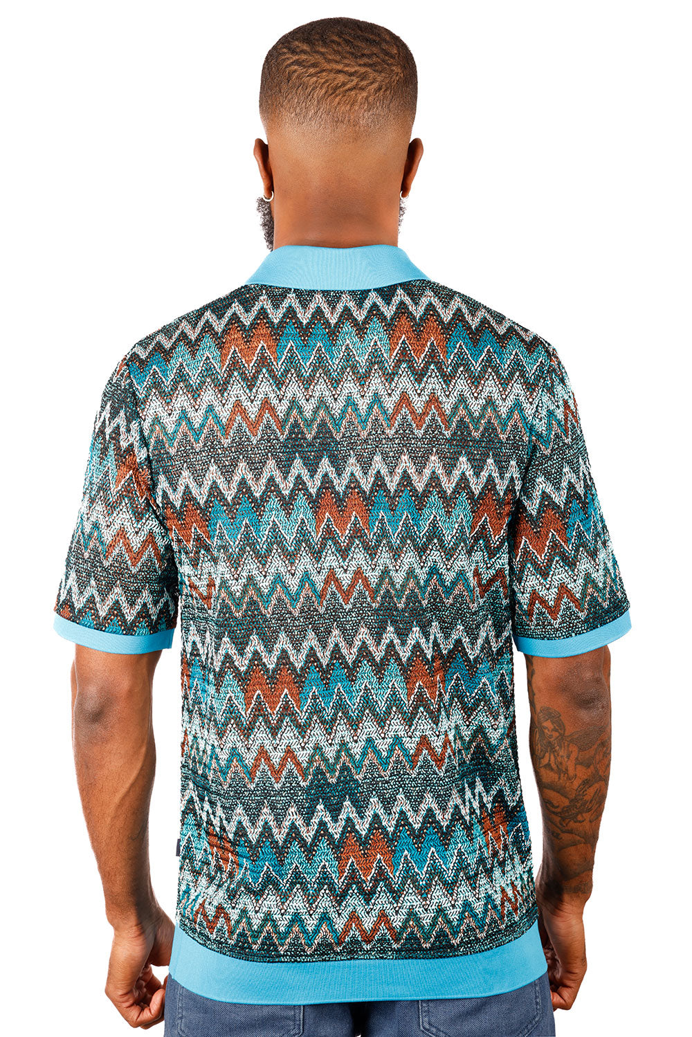 Barabas Men's Woven Crochet Zig Zag See Through Polo Shirts 3P21 Teal Blue