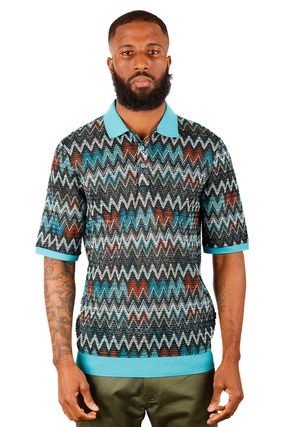 Barabas Men's Woven Crochet Zig Zag See Through Polo Shirts 3P211 Blue Green Teal