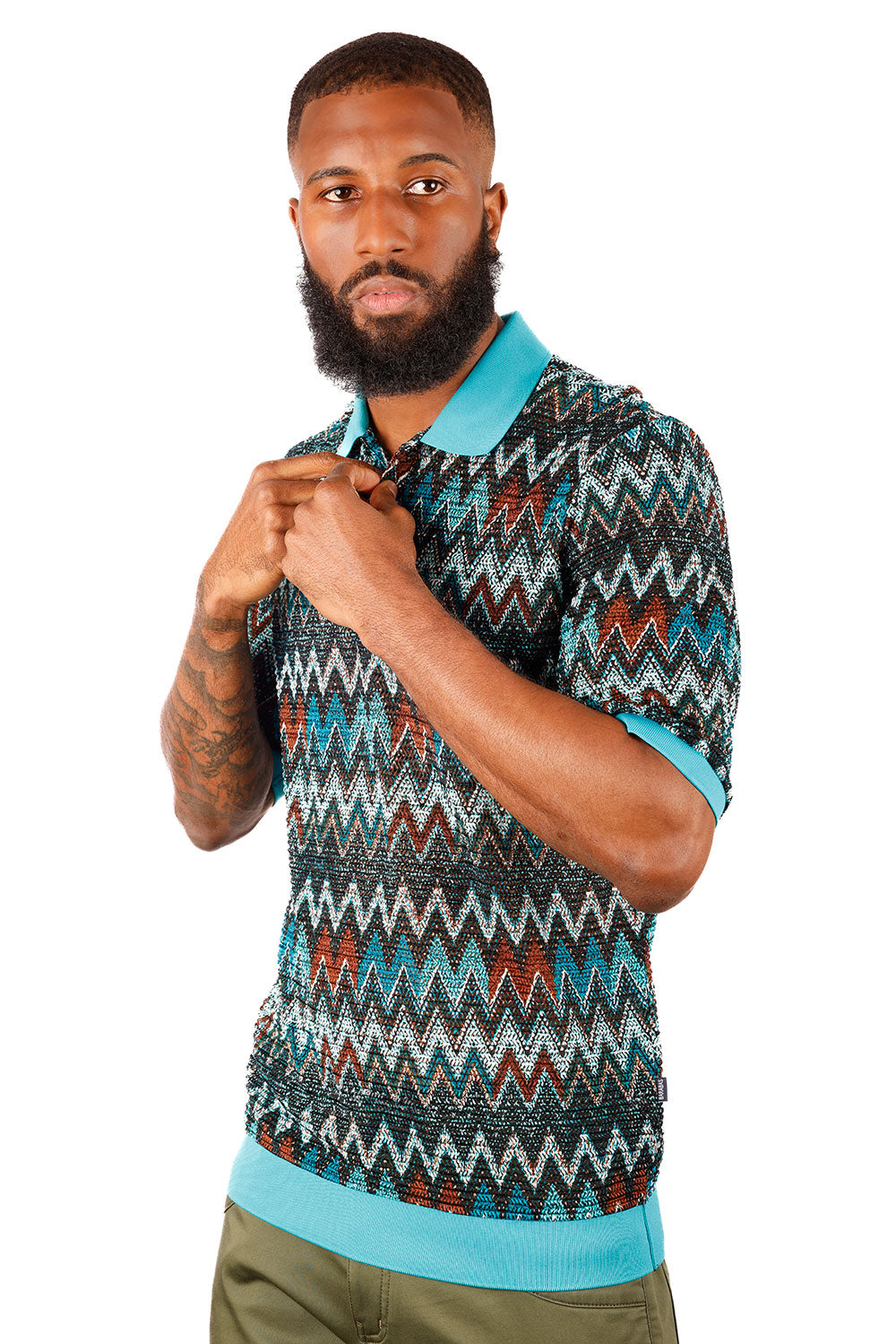 Barabas Men's Woven Crochet Zig Zag See Through Polo Shirts 3P21 Teal Blue