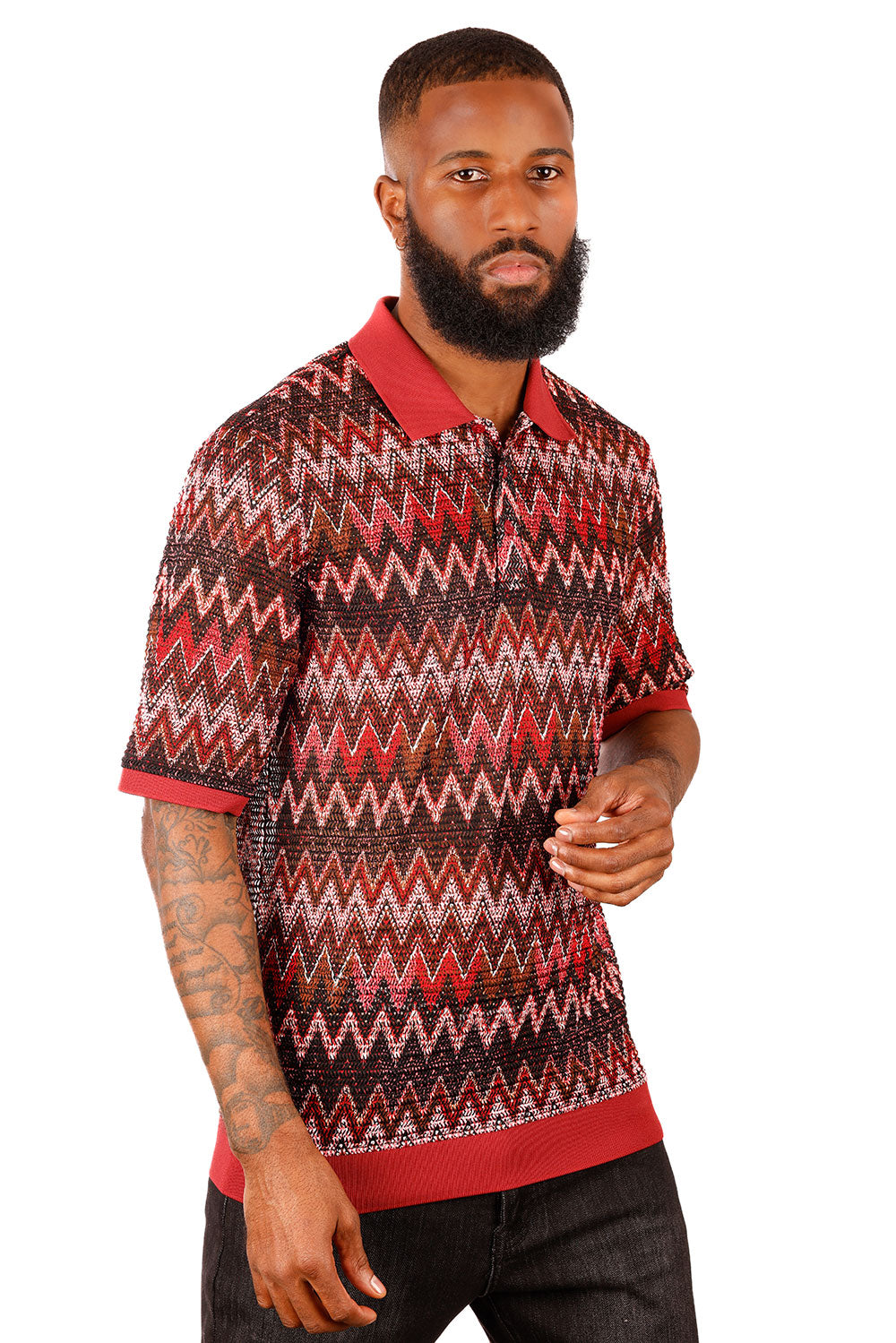 Barabas Men's Woven Crochet Zig Zag See Through Polo Shirts 3P21 Red Wine