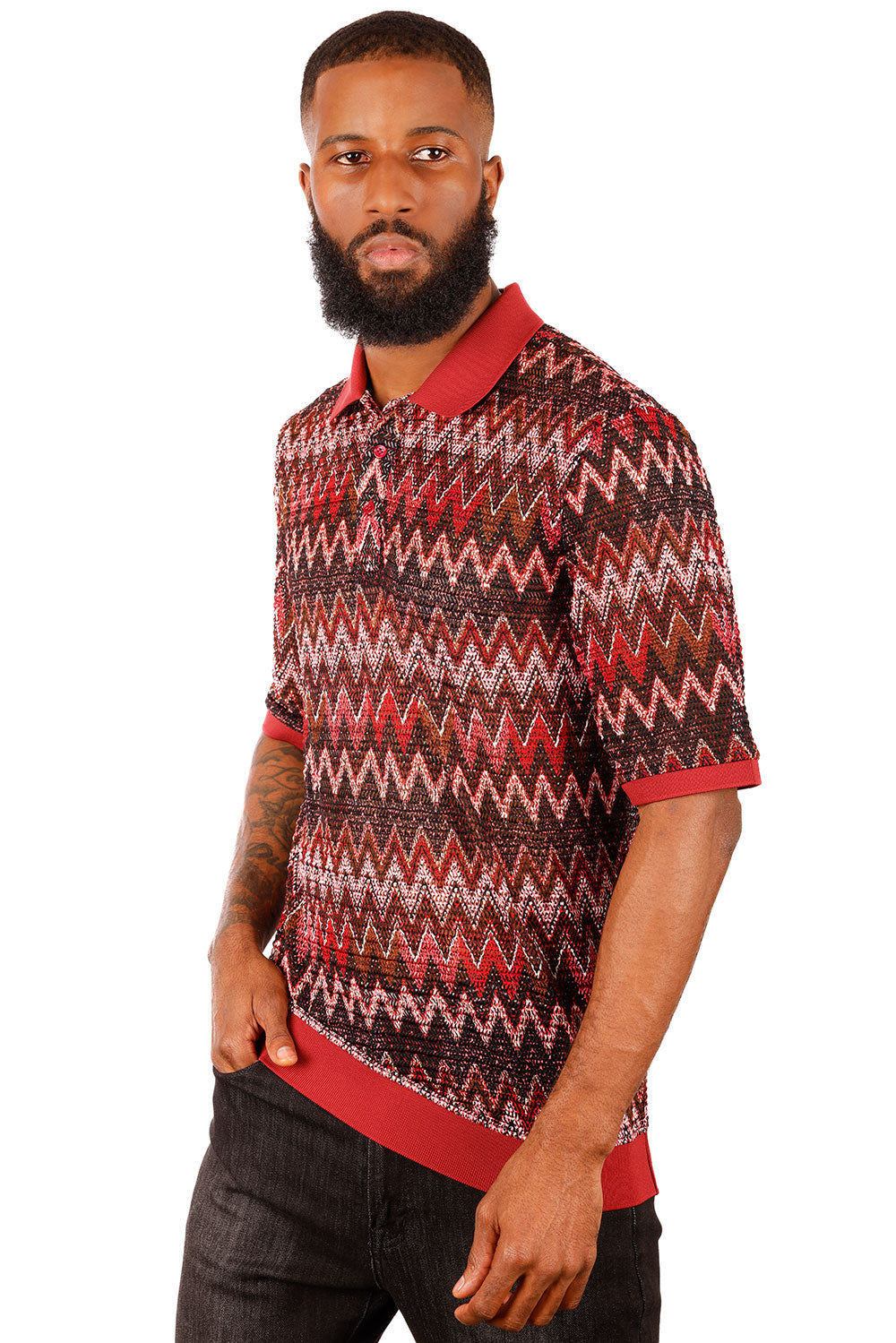 Barabas Men's Woven Crochet Zig Zag See Through Polo Shirts 3P21 Red Wine