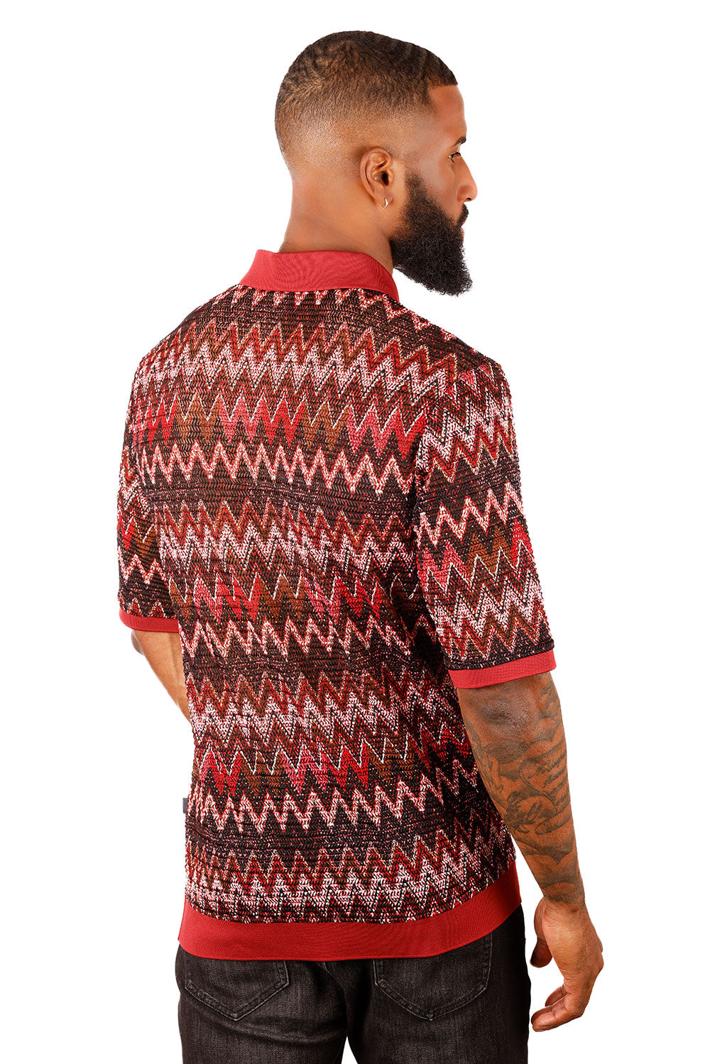 Barabas Men's Woven Crochet Zig Zag See Through Polo Shirts 3P21 Red Wine