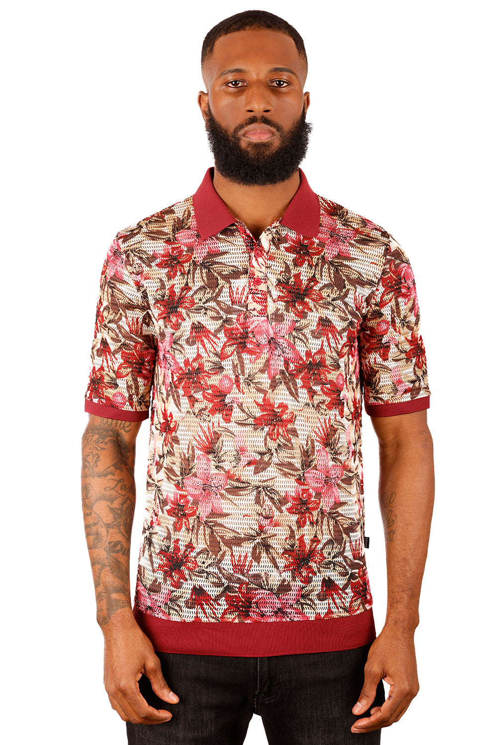 Barabas Men's Voven Crochet Floral See Through Polo Shirts 3P22 Red