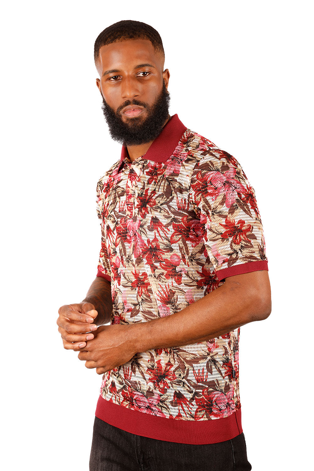 Barabas Men's Voven Crochet Floral See Through Polo Shirts 3P22 Red