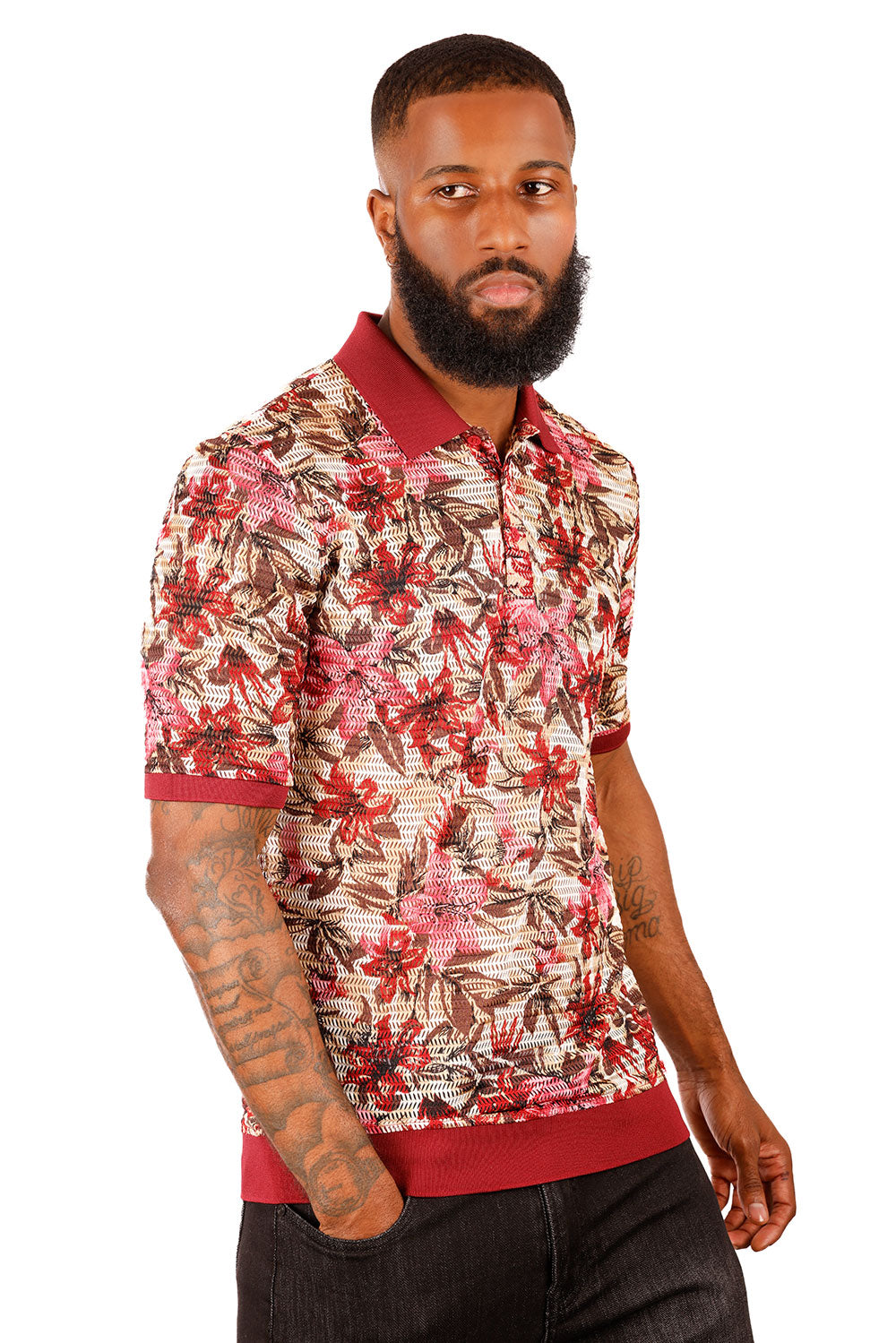 Barabas Men's Voven Crochet Floral See Through Polo Shirts 3P22 Red