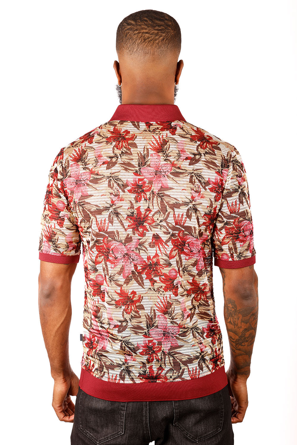 Barabas Men's Voven Crochet Floral See Through Polo Shirts 3P22 Red