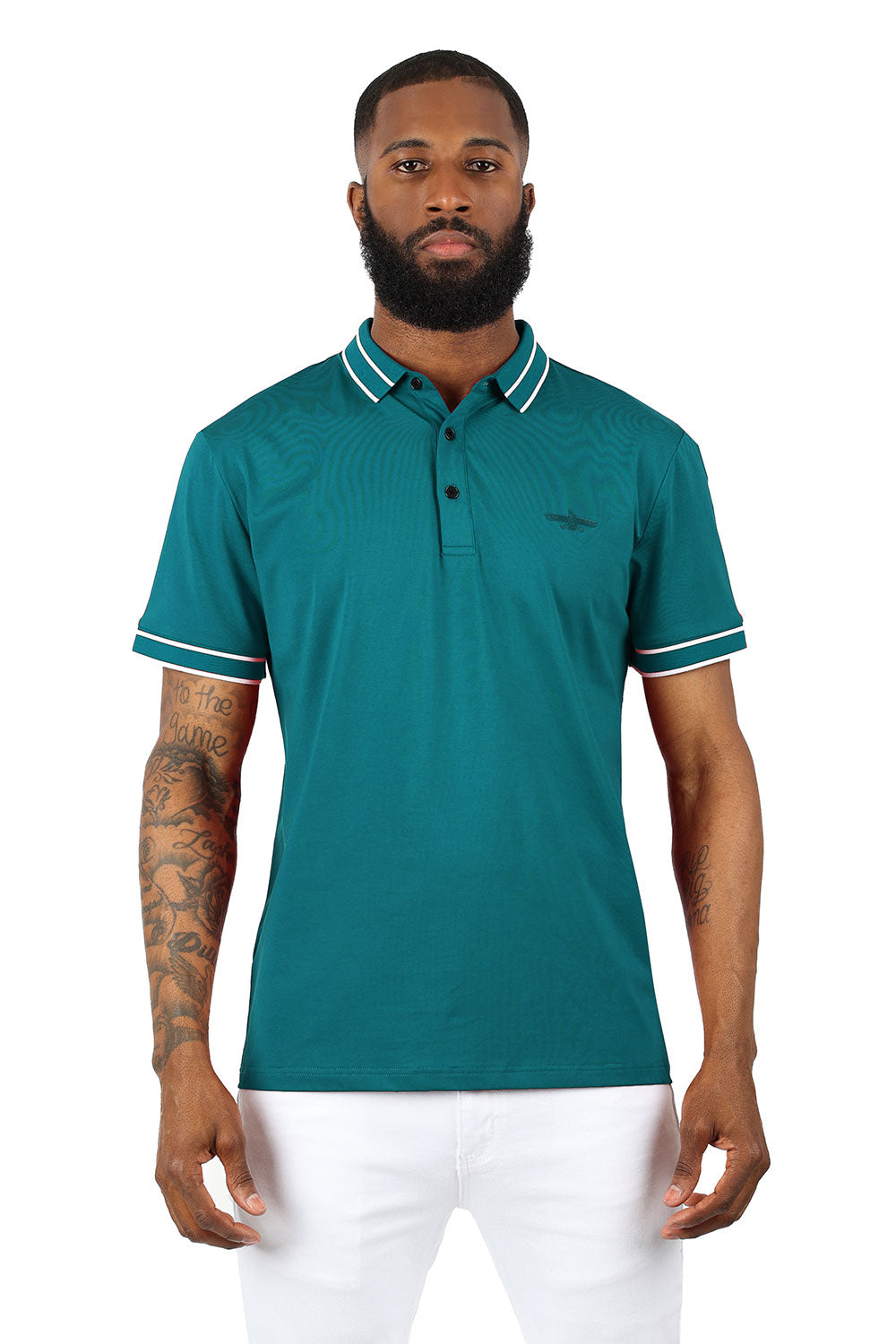 Barabas Men's Solid Color with Logo Polo Shirts 3PP832 Teal White