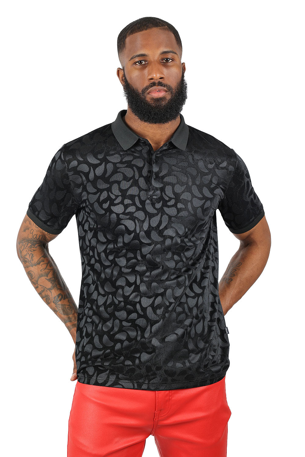 Barabas Men's Petal Floral Short Sleeve Polo Shirt 3PP834 Black