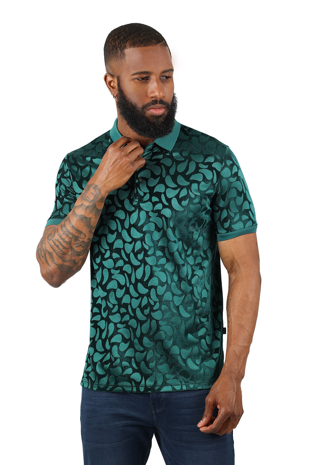 Barabas Men's Petal Floral Short Sleeve Polo Shirt 3PP834 Green