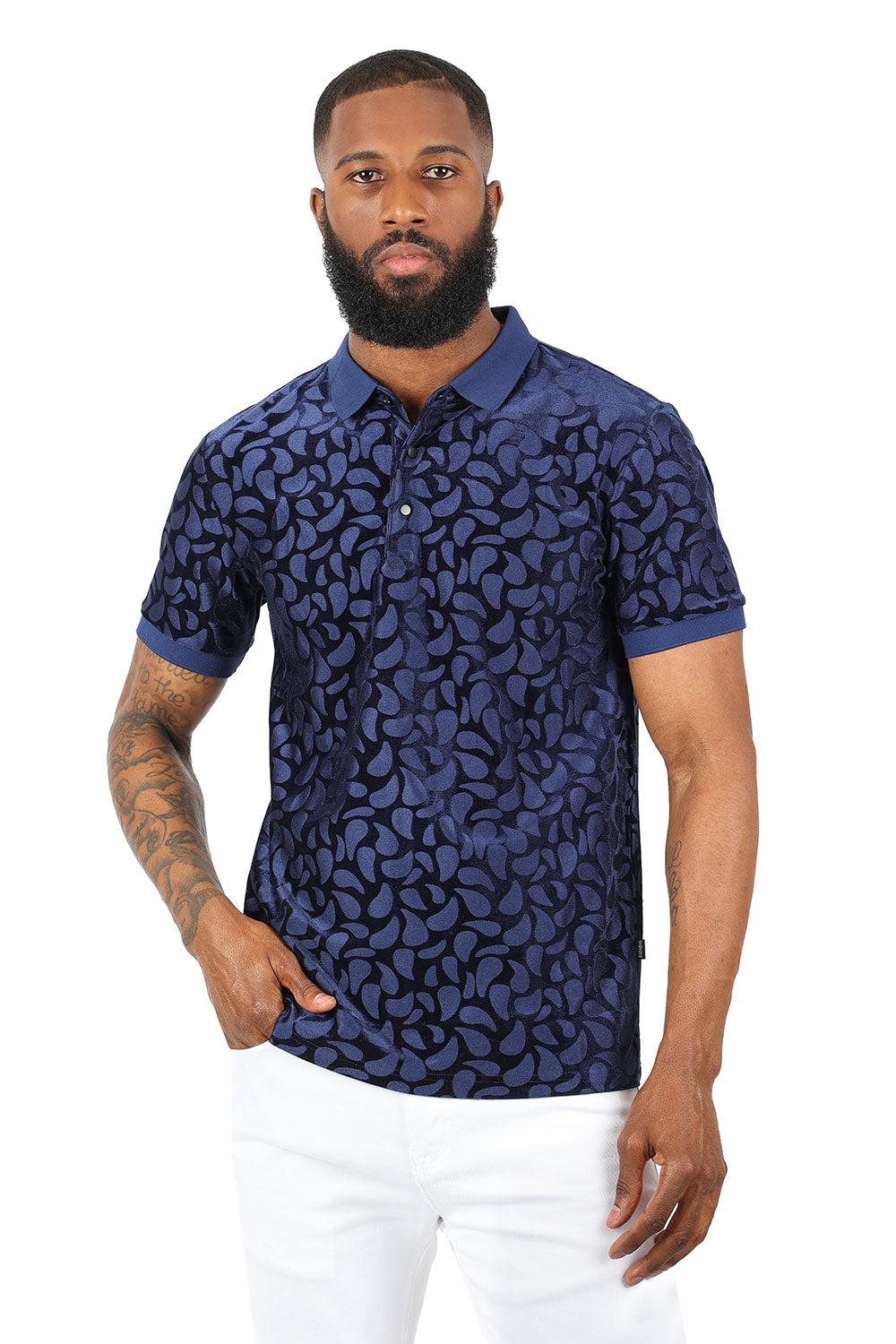 Barabas Men's Petal Floral Short Sleeve Polo Shirt 3PP834 Navy