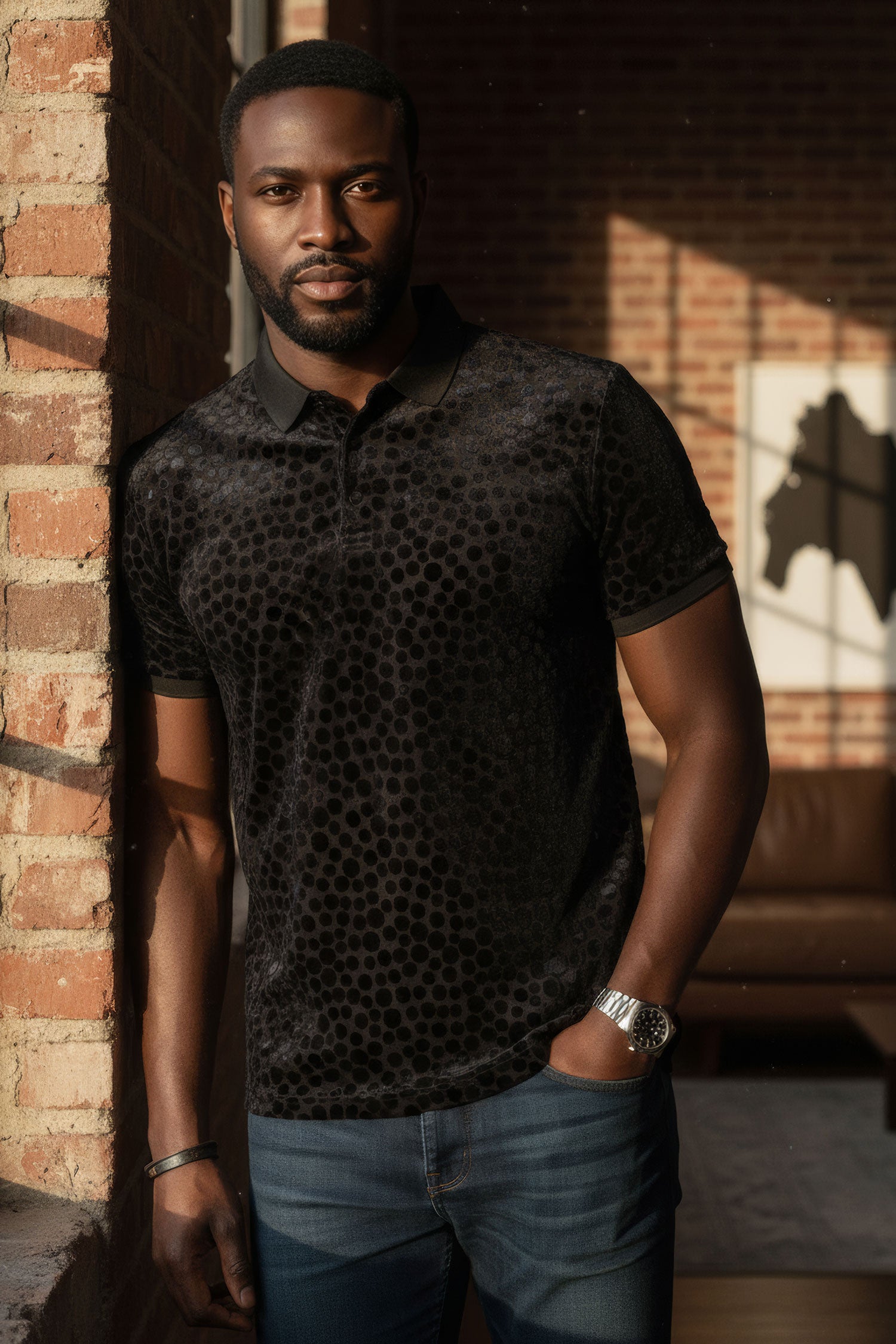 BARABAS Men's Polka Dotted See Through Short Sleeve Polo Shirts 3PP835 Black