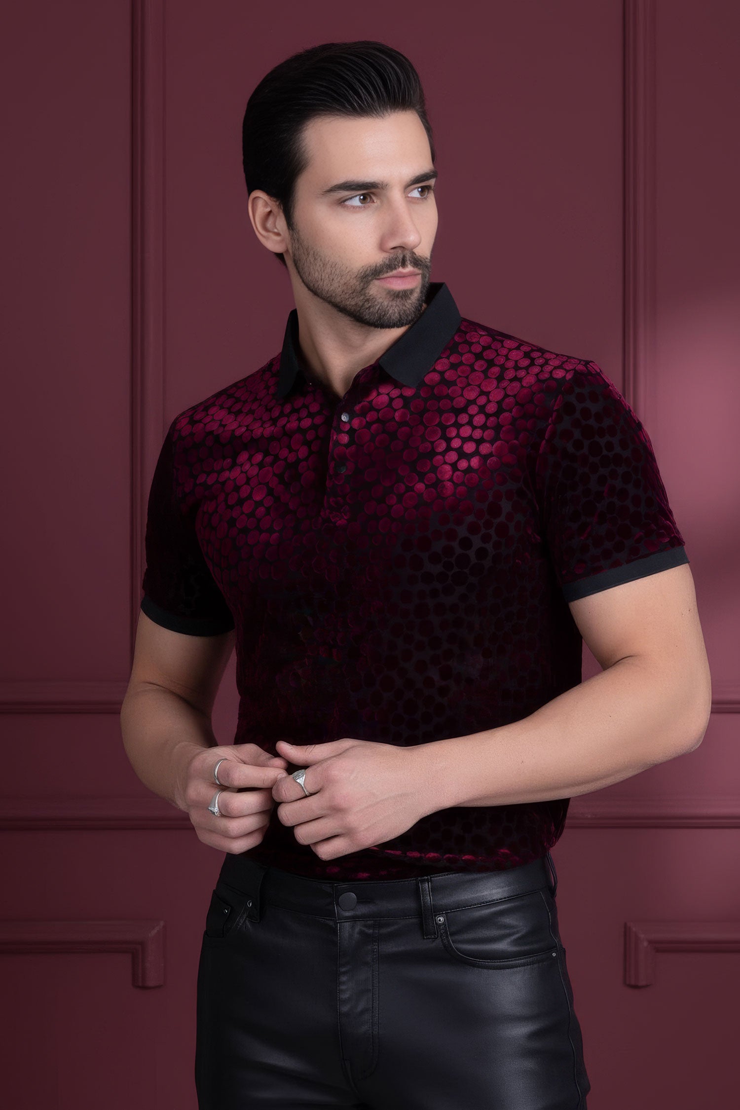BARABAS Men's Polka Dotted See Through Short Sleeve Polo Shirts 3PP835 Wine