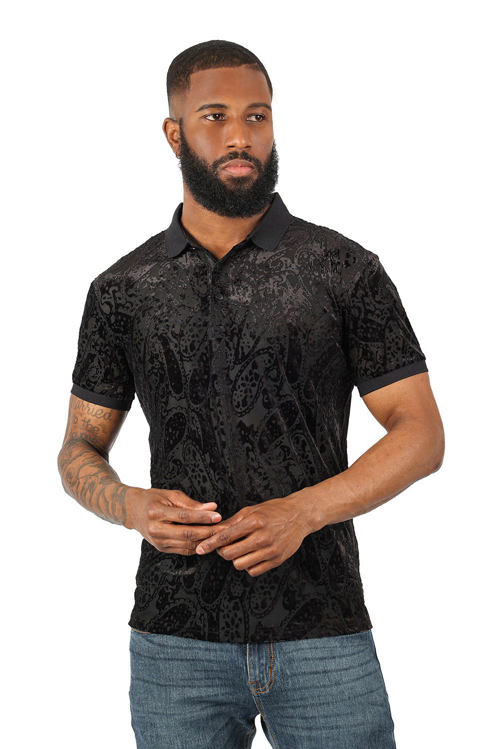 Barabas Men's Floral Paisley Short Sleeve Polo Shirts 3PP836 Black