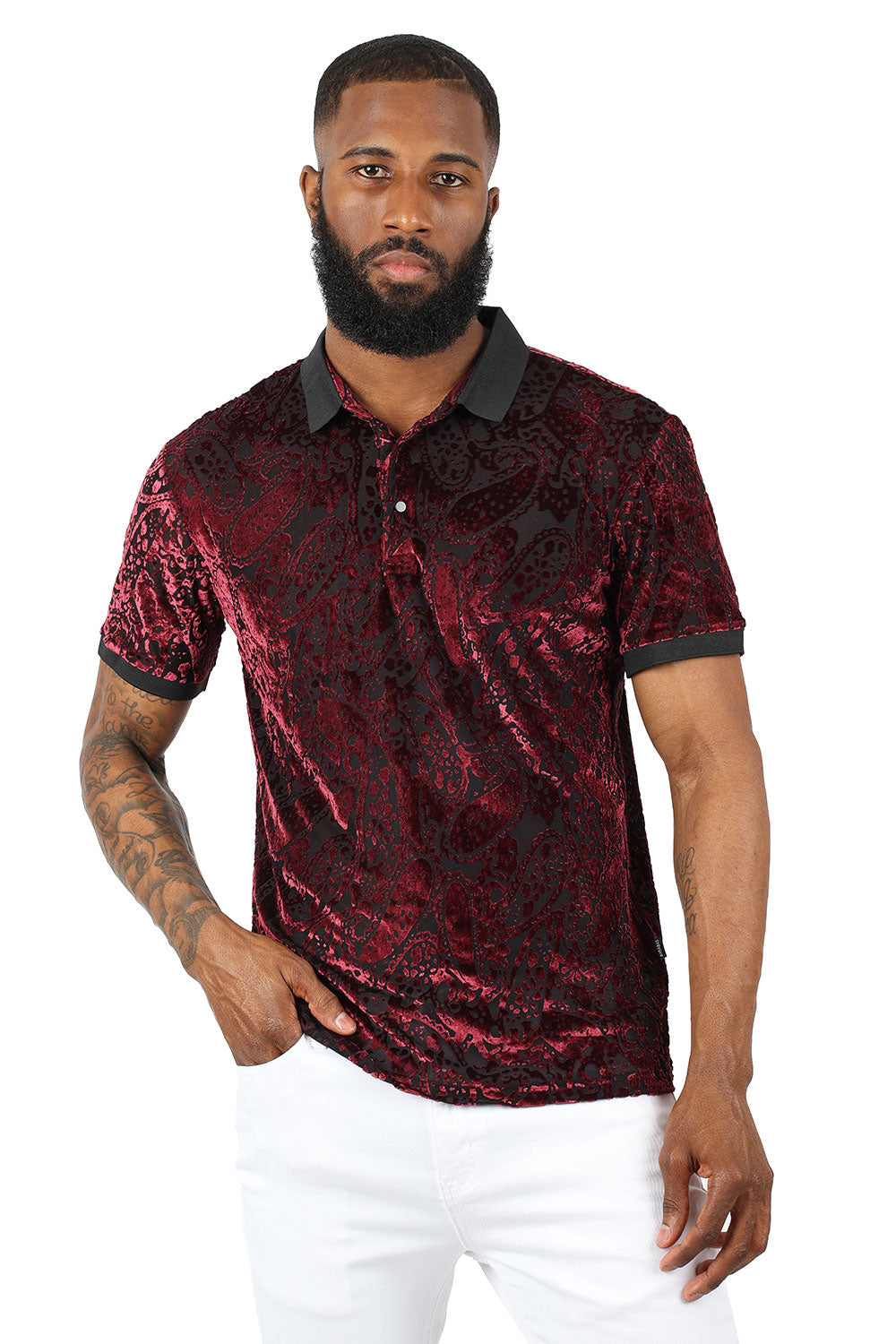 Barabas Men's Floral Paisley Short Sleeve Polo Shirts 3PP836 Burgundy