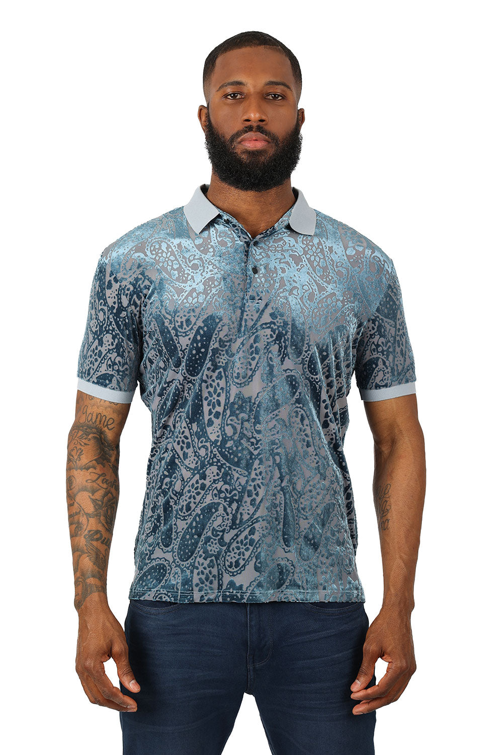 Barabas Men's Floral Paisley Short Sleeve Polo Shirts 3PP836 Blue