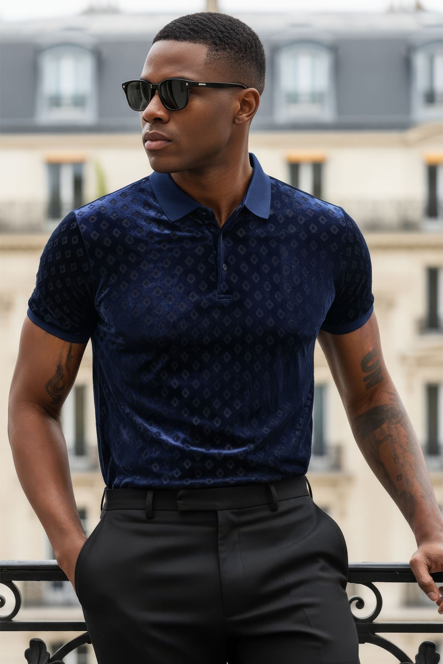 BARABAS men's diamond pattern short sleeve polo shirts 3PP837 Navy