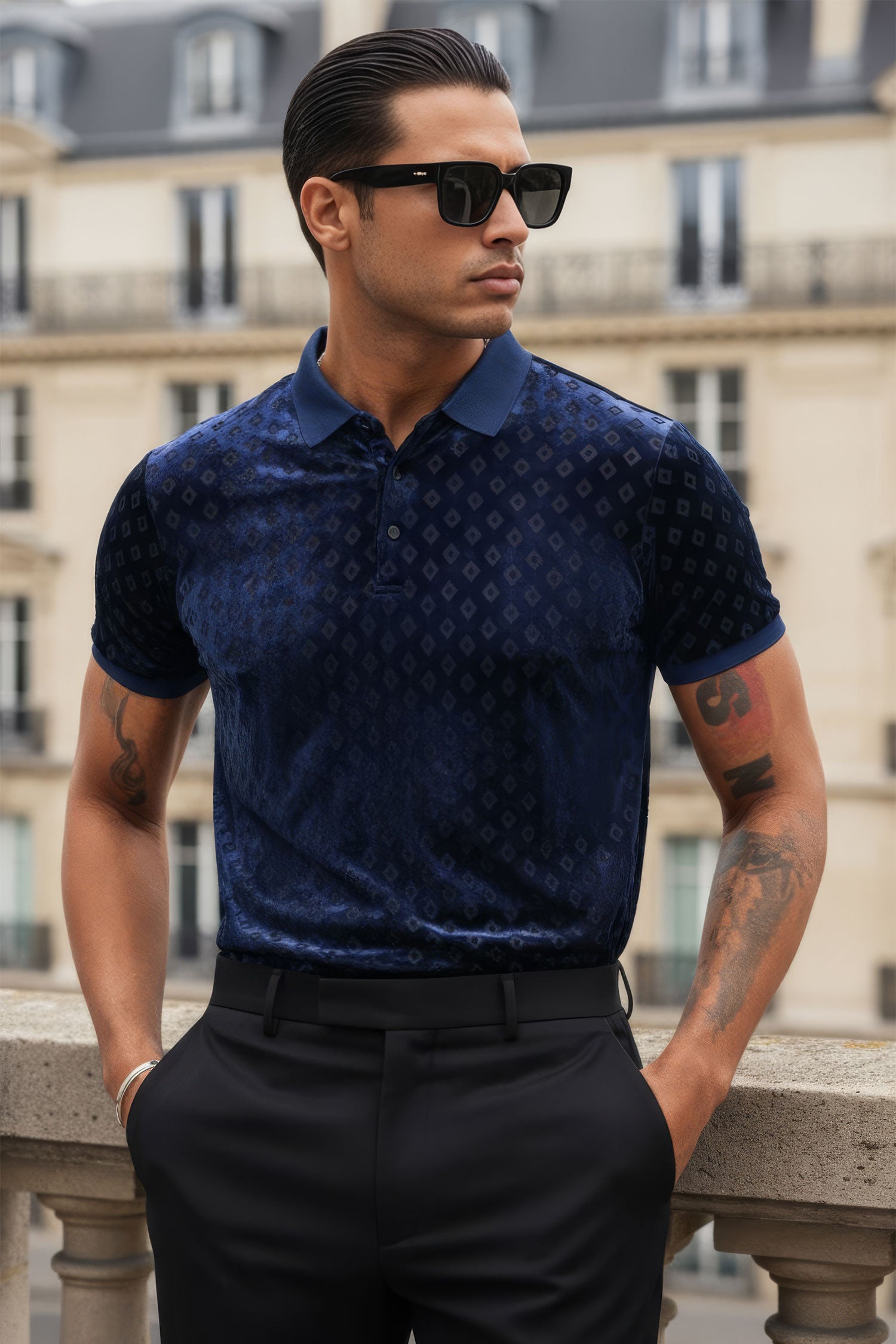 BARABAS men's diamond pattern short sleeve polo shirts 3PP837 Navy
