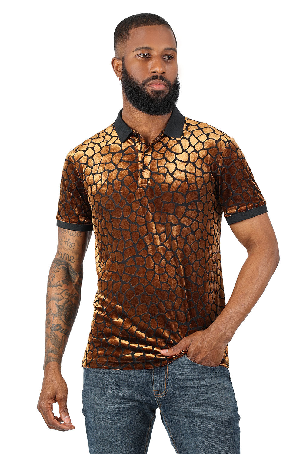 BARABAS Men's Leopard See Through Short Sleeve Polo Shirts 3PP838 Gold