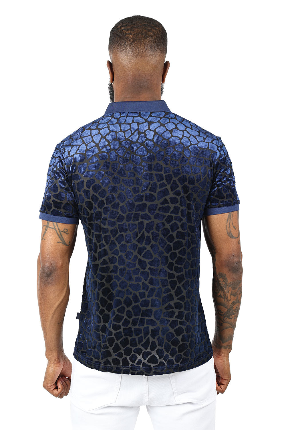 BARABAS Men's Leopard See Through Short Sleeve Polo Shirts 3PP838 navy