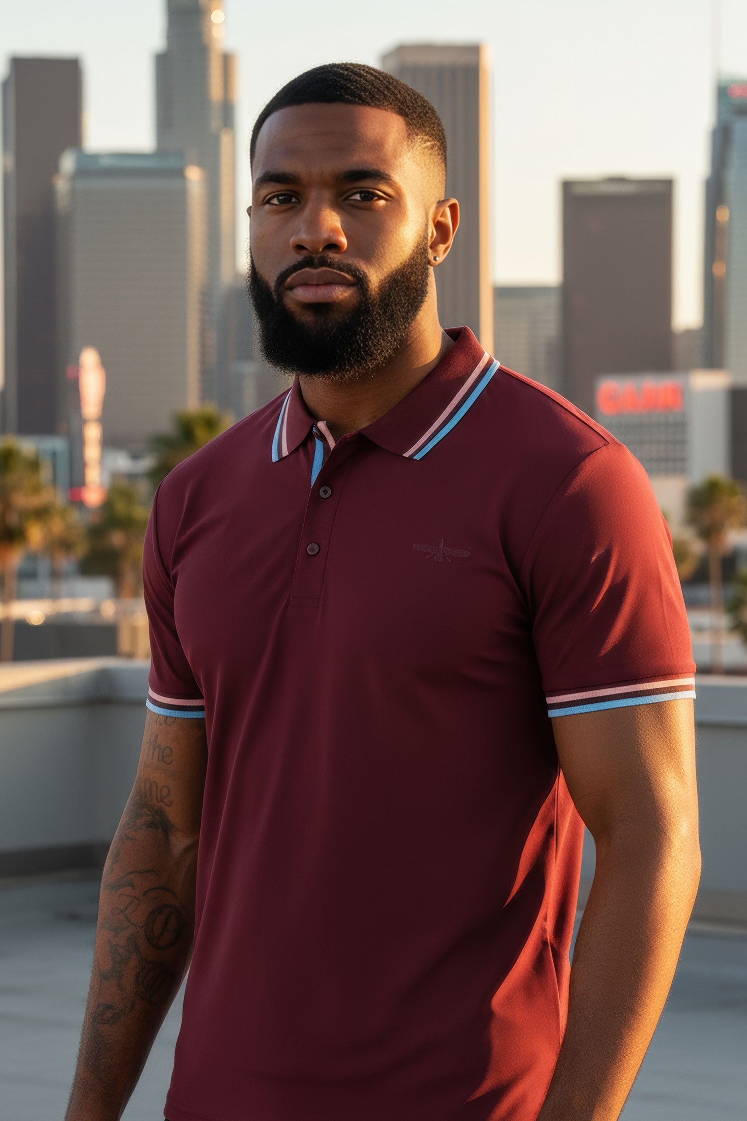 Barabas Men's Solid Color Linear Collar and Cuff Polo Shirts 3PS127 Burgundy