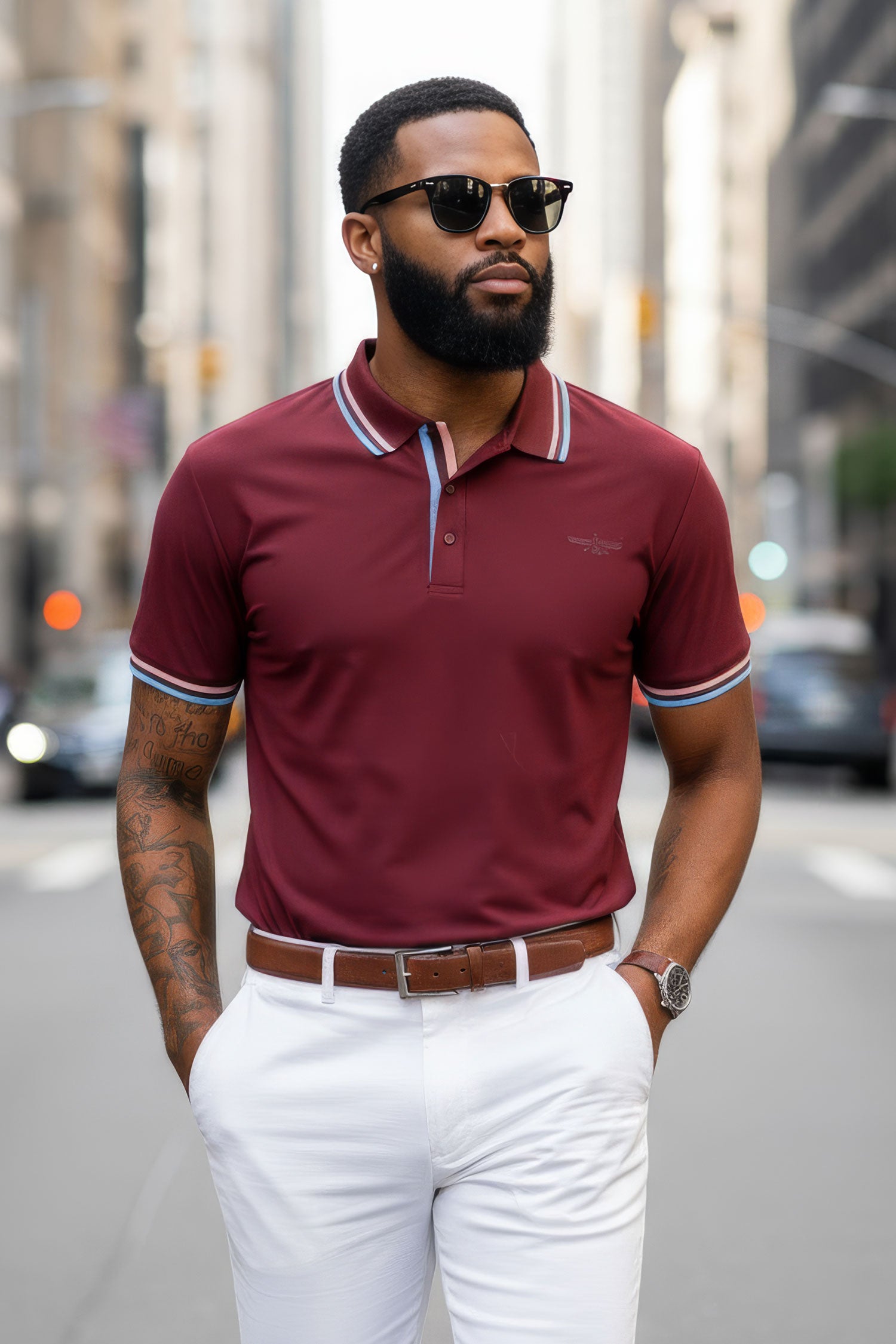 Barabas Men's Solid Color Linear Collar and Cuff Polo Shirts 3PS127 Burgundy