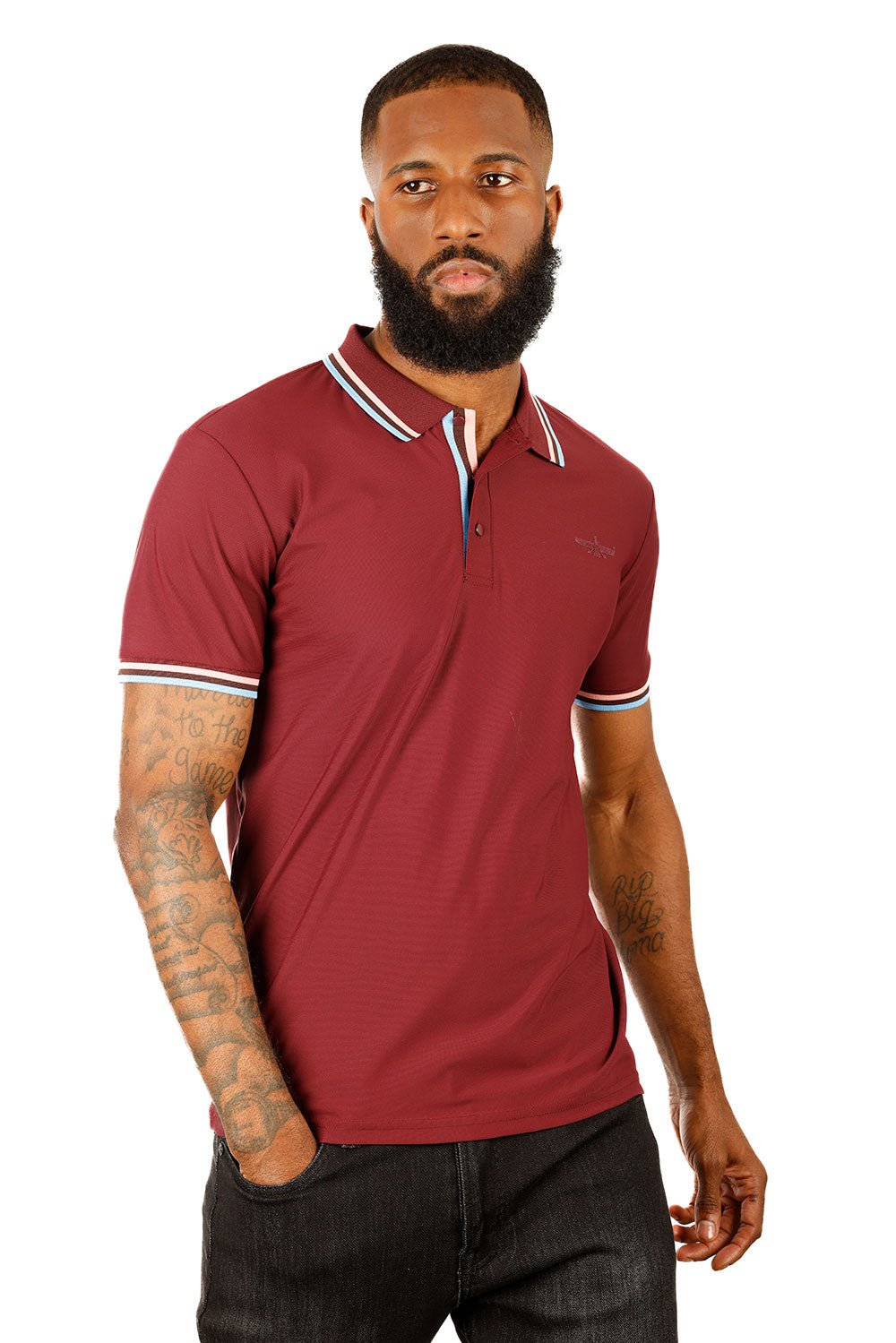 Barabas Men's Solid Color Linear Collar and Cuff Polo Shirts 3PS127 Burgundy