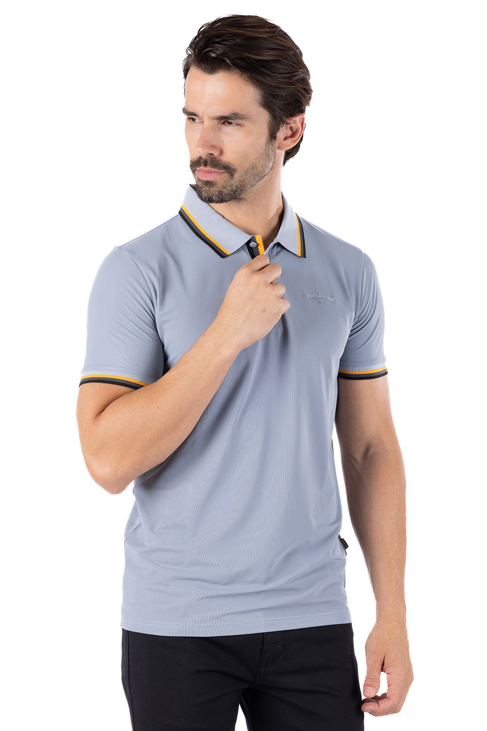 Barabas Men's Solid Color Linear Collar and Cuff Polo Shirts 3PS127 Light Grey
