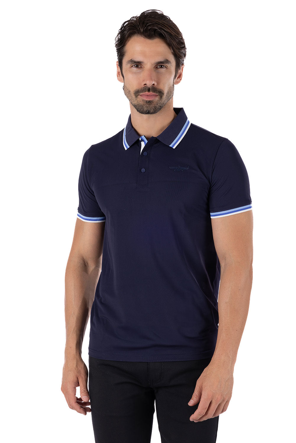 Barabas Men's Solid Color Linear Collar and Cuff Polo Shirts 3PS127 Navy