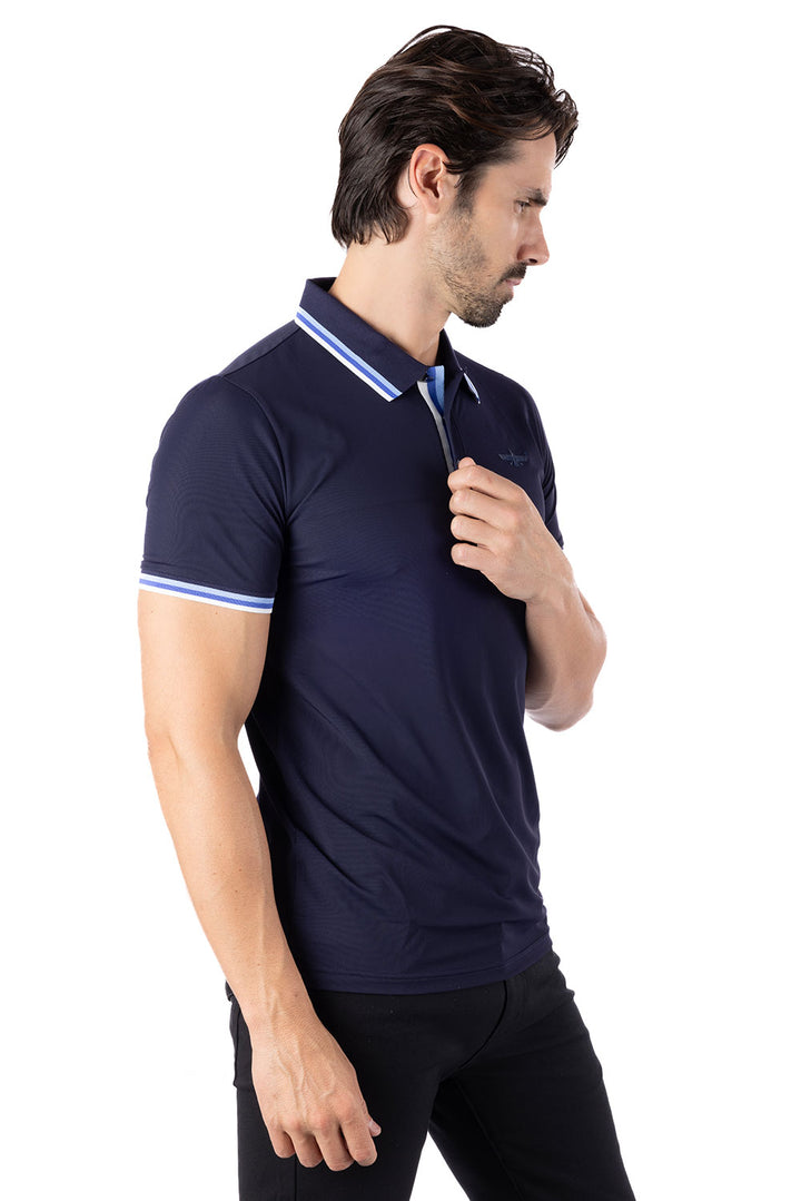 Barabas Men's Solid Color Linear Collar and Cuff Polo Shirts 3PS127 Navy