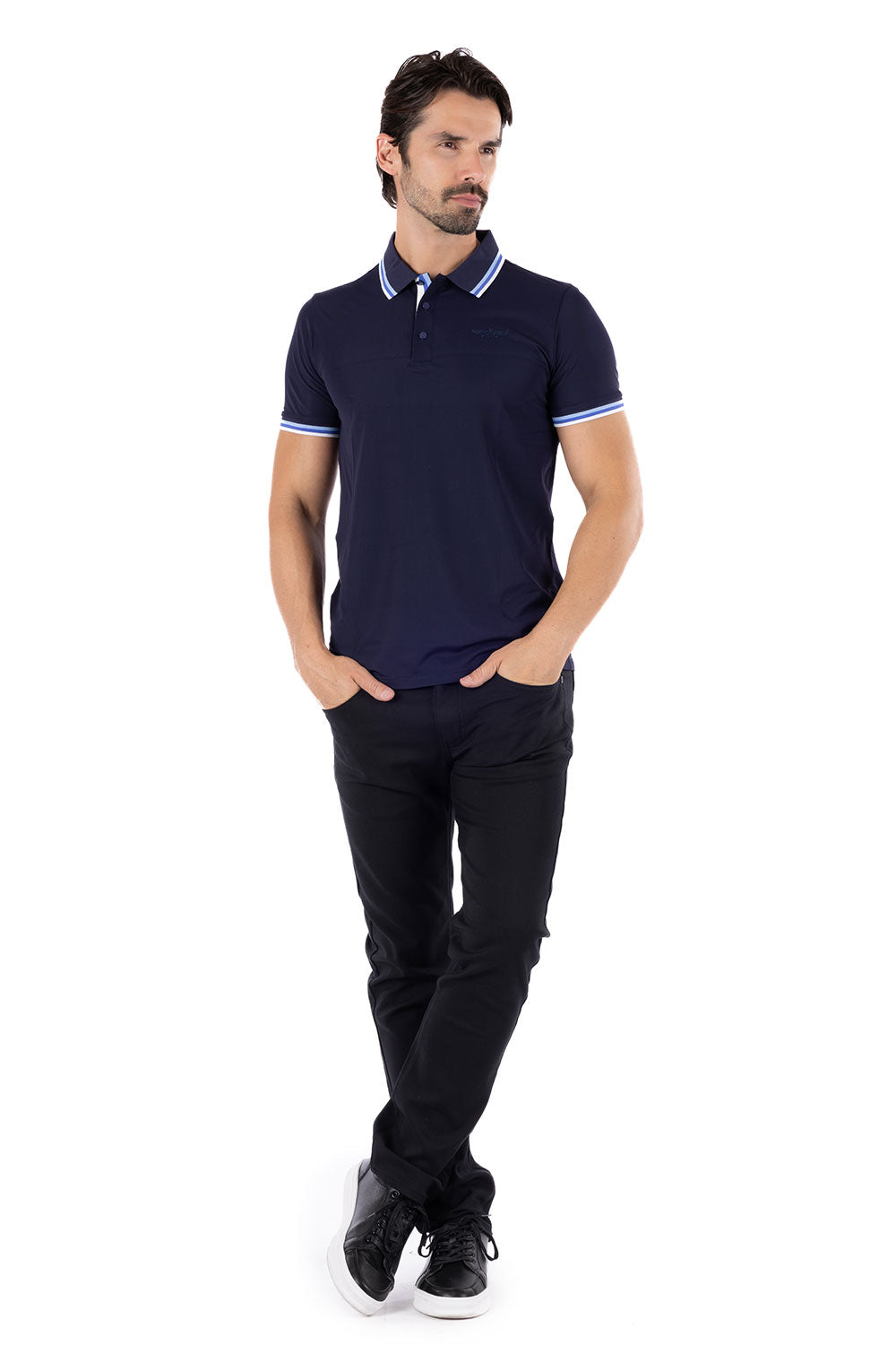 Barabas Men's Solid Color Linear Collar and Cuff Polo Shirts 3PS127 Navy