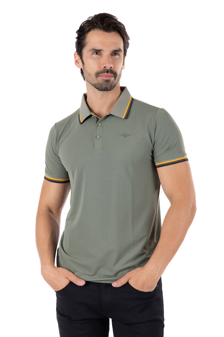 Barabas Men's Solid Color Linear Collar and Cuff Polo Shirts 3PS127 Olive