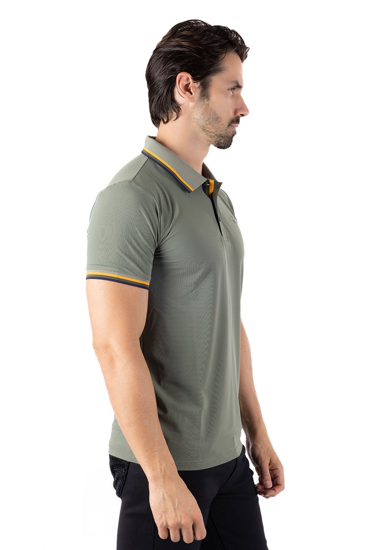 Barabas Men's Solid Color Linear Collar and Cuff Polo Shirts 3PS127 Olive
