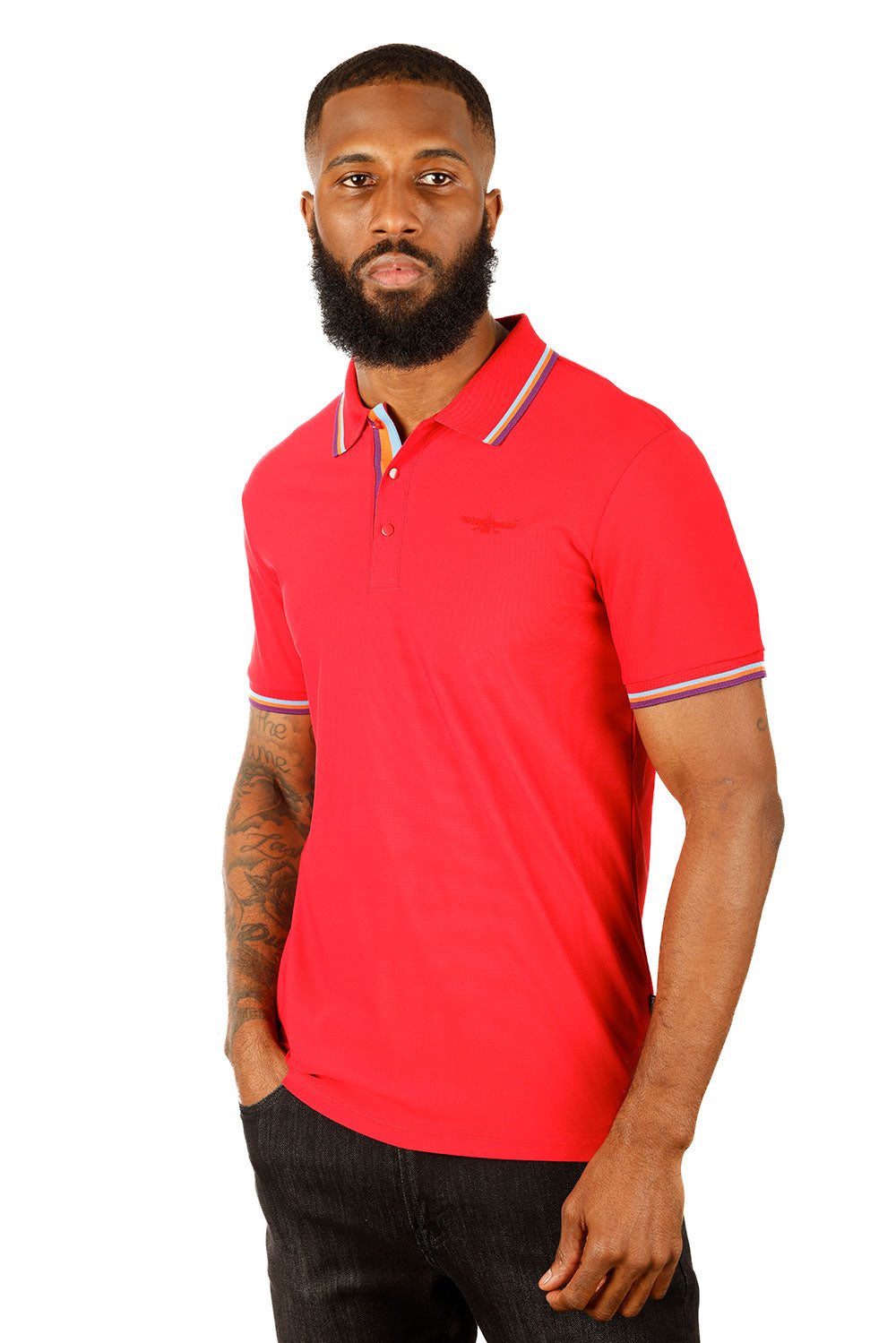 Barabas Men's Solid Color Linear Collar and Cuff Polo Shirts 3PS127 Red