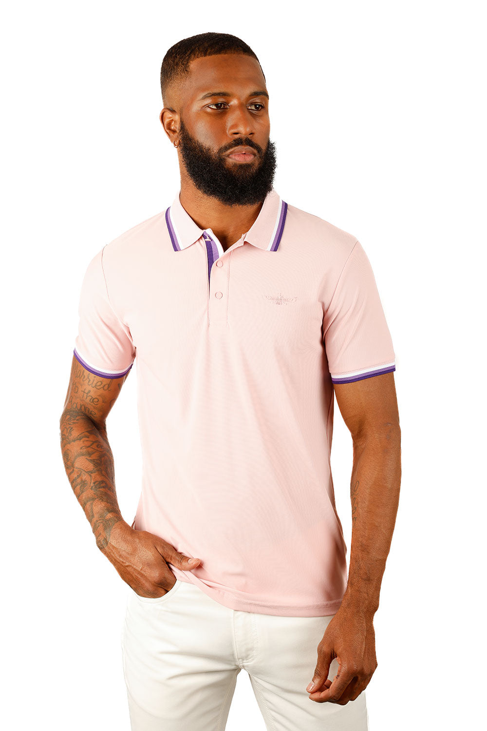 Barabas Men's Solid Color Linear Collar and Cuff Polo Shirts 3PS127 Rose