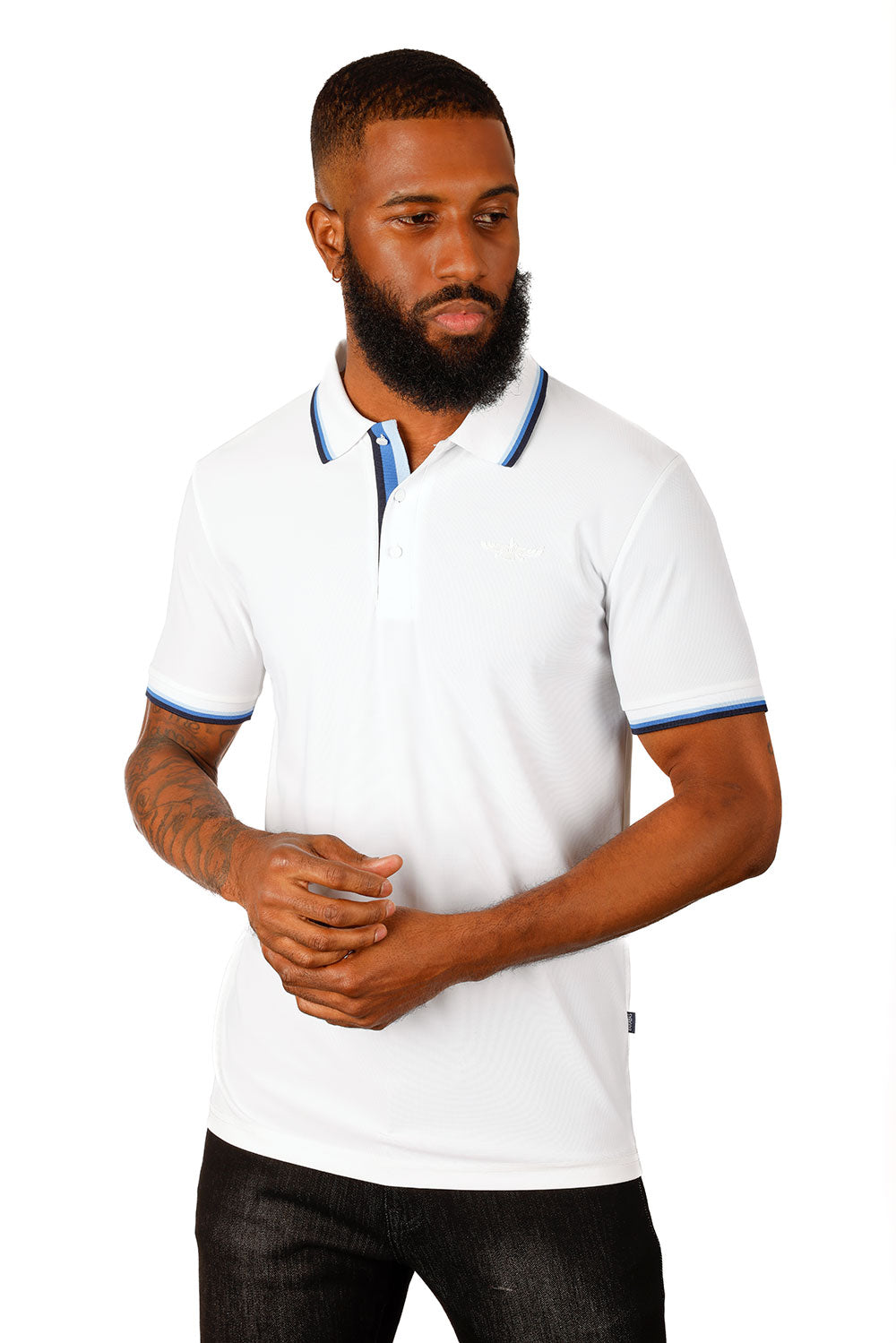 Barabas Men's Solid Color Linear Collar and Cuff Polo Shirts 3PS127 White