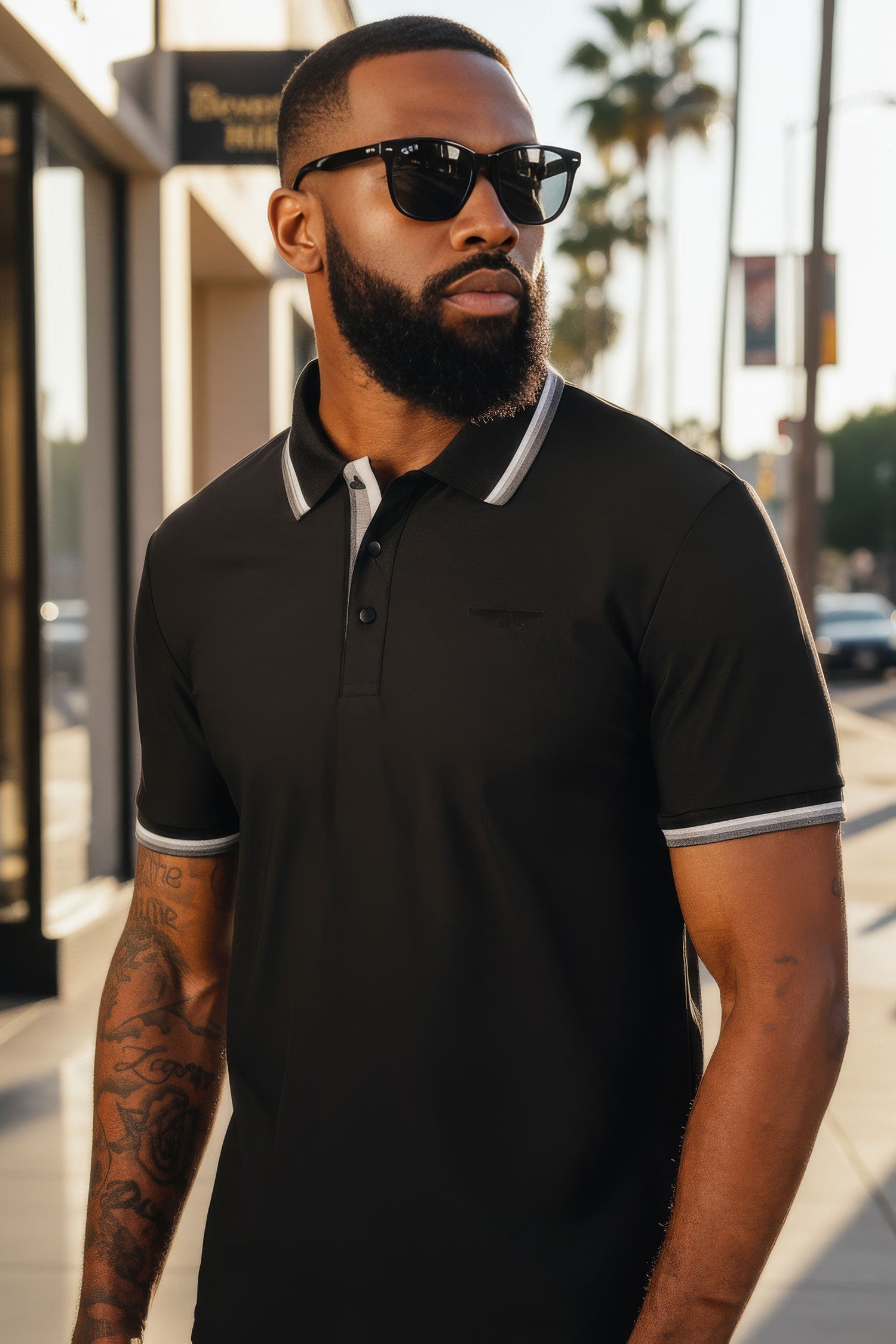 Barabas Men's Solid Color Linear Collar and Cuff Polo Shirts 3PS127 Black