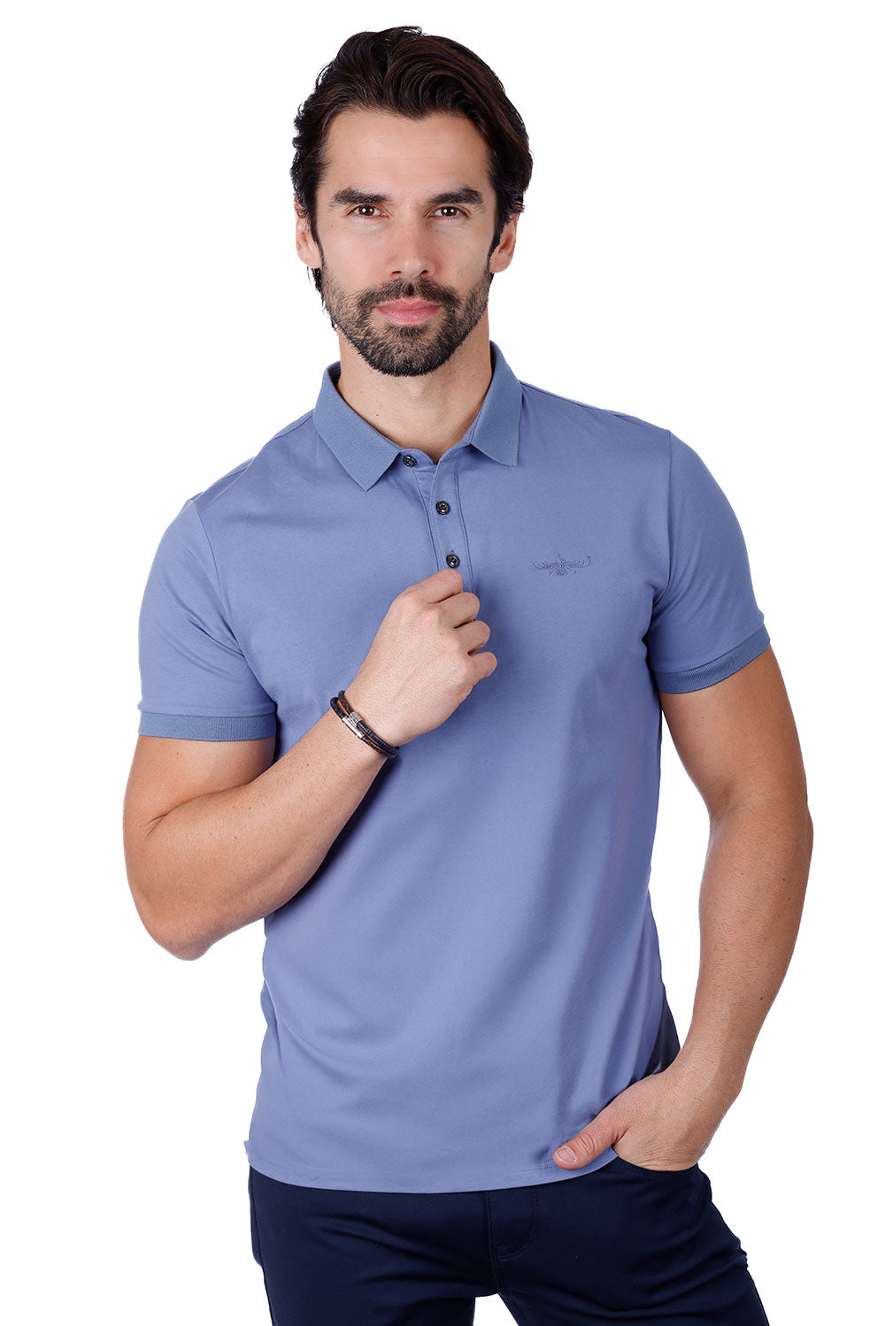 Barabas Men's Solid Color Premium Short Sleeve Logo polo Shirts 3PS128 Blue