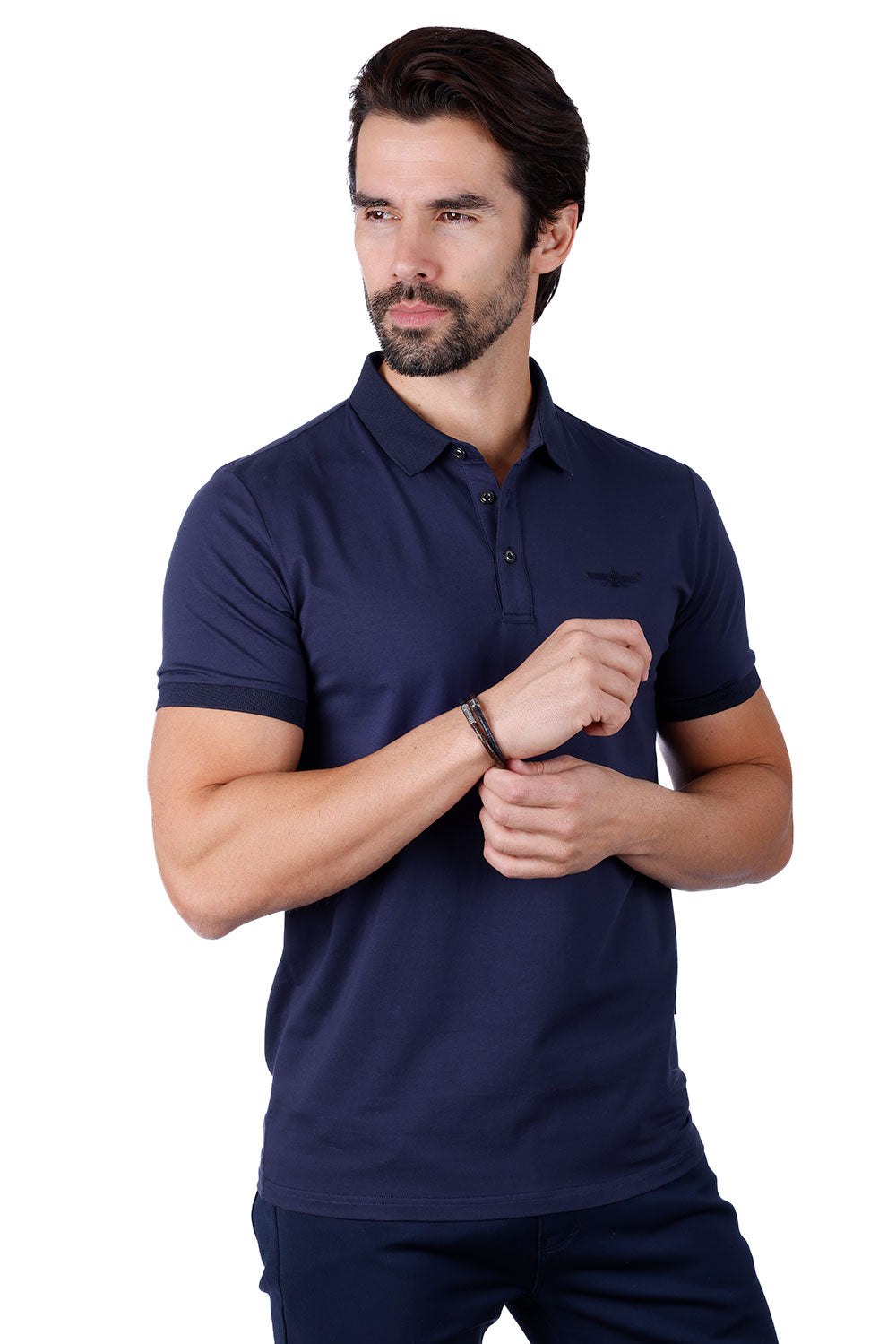 Barabas Men's Solid Color Premium Short Sleeve Logo polo Shirts 3PS128 Navy