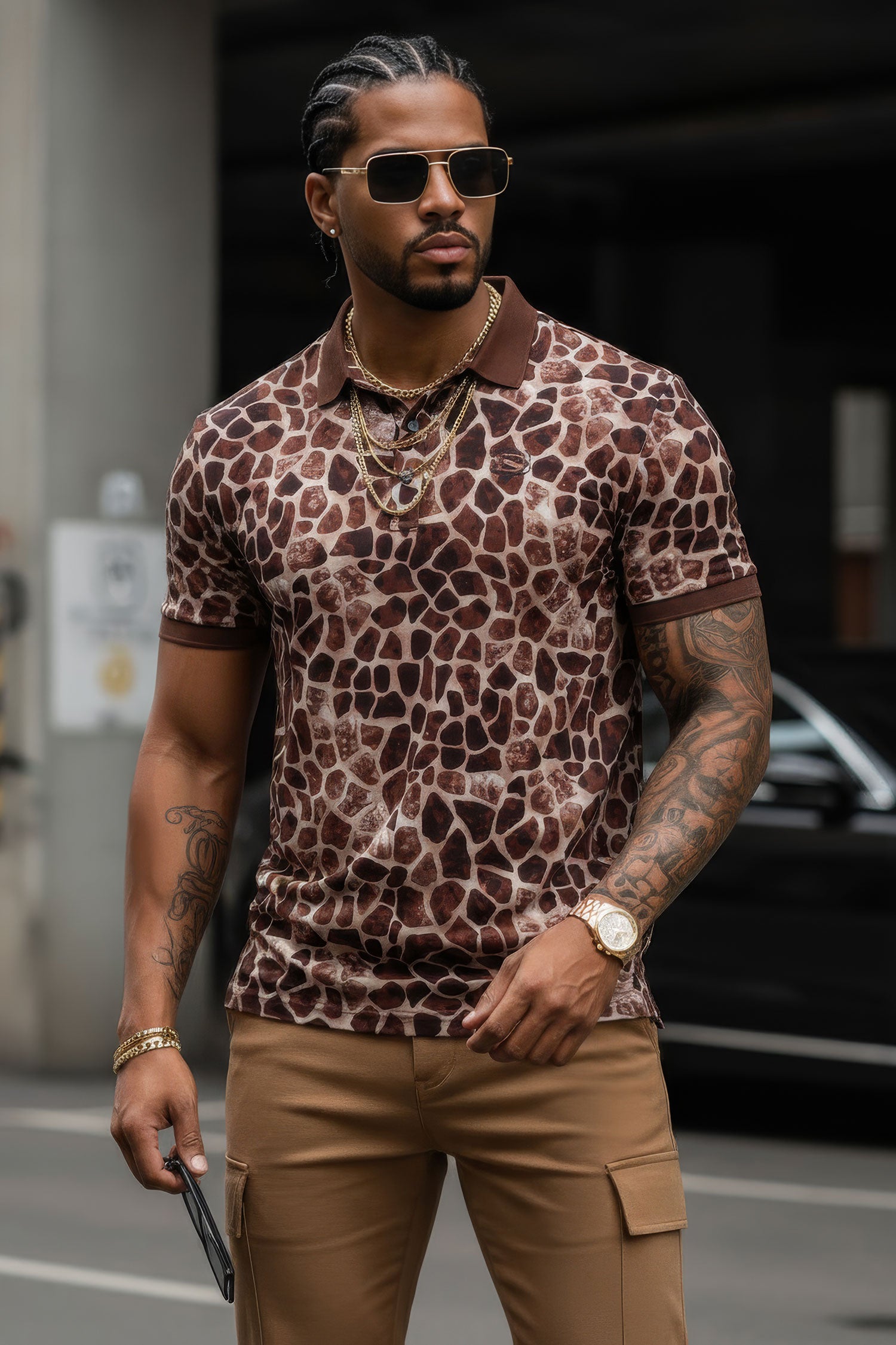 Barabas Men's Rocks Geometric Short Sleeve Polo Shirts 3PS130  Brown