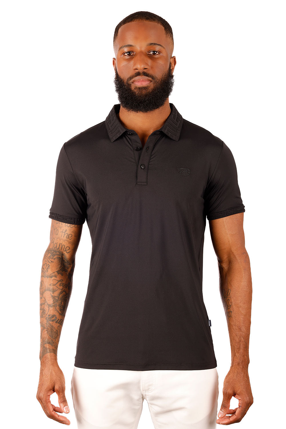 Barabas Men's Solid Stretch B Logo Short Sleeve Polo Shirts 3PS131 Black