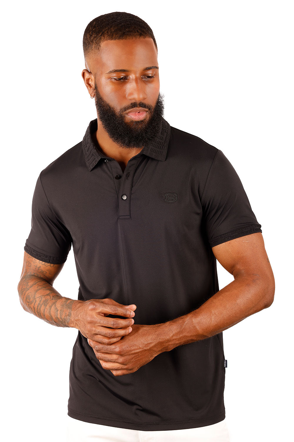 Barabas Men's Solid Stretch B Logo Short Sleeve Polo Shirts 3PS131 Black